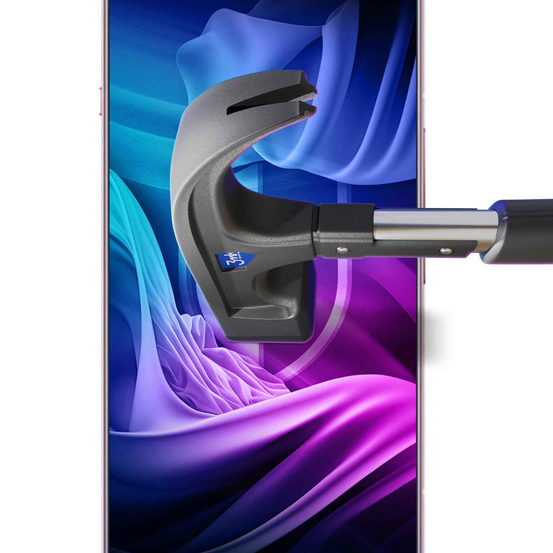 Un martello colpisce lo schermo di un telefono. Lo schermo mostra un design astratto blu, viola e bianco.