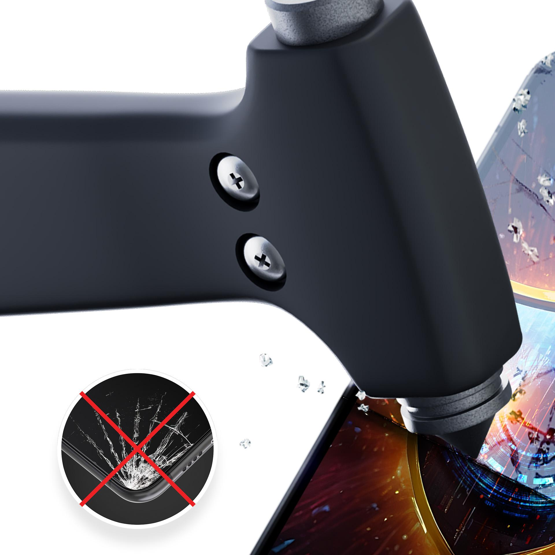 Młotek nad pękniętym ekranem, ze znakiem zakazu na uszkodzonym telefonie. Widoczne są odłamki szkła.