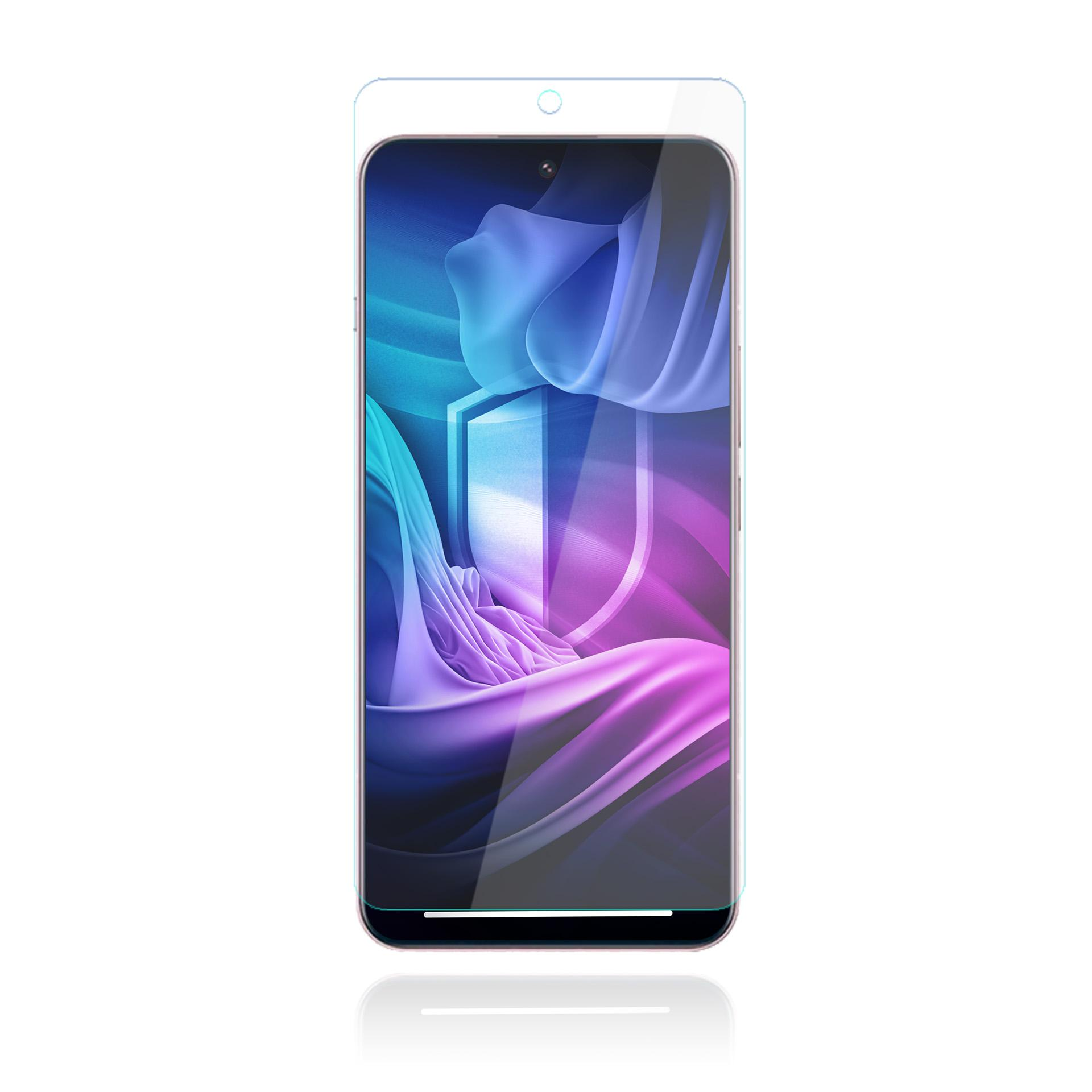 Un telefono con protezione schermo. Lo schermo mostra una grafica a forma di scudo con colori blu e viola.