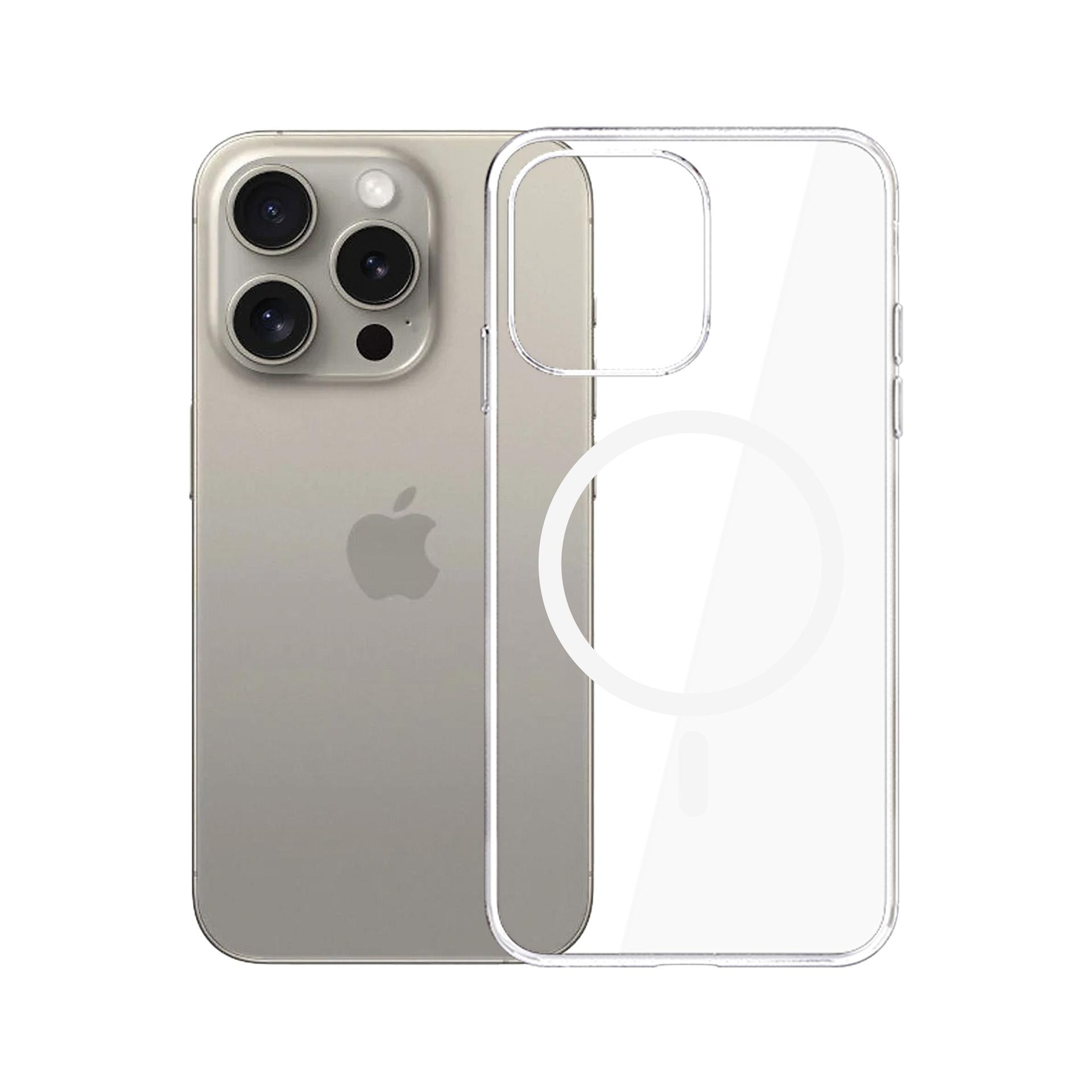 Un iPhone con custodia trasparente. Il telefono è argento con una fotocamera a tripla lente. La custodia ha un design circolare.
