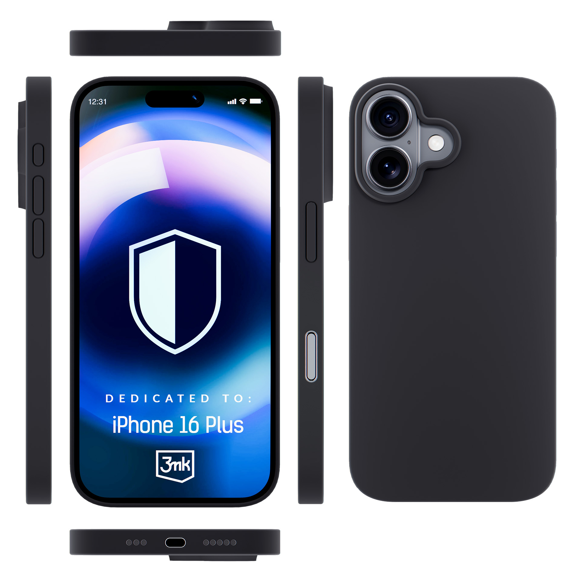 Custodia nera per iPhone 16 Plus con telefono che mostra il logo dello scudo. Diverse viste mostrano i dettagli e la fotocamera.