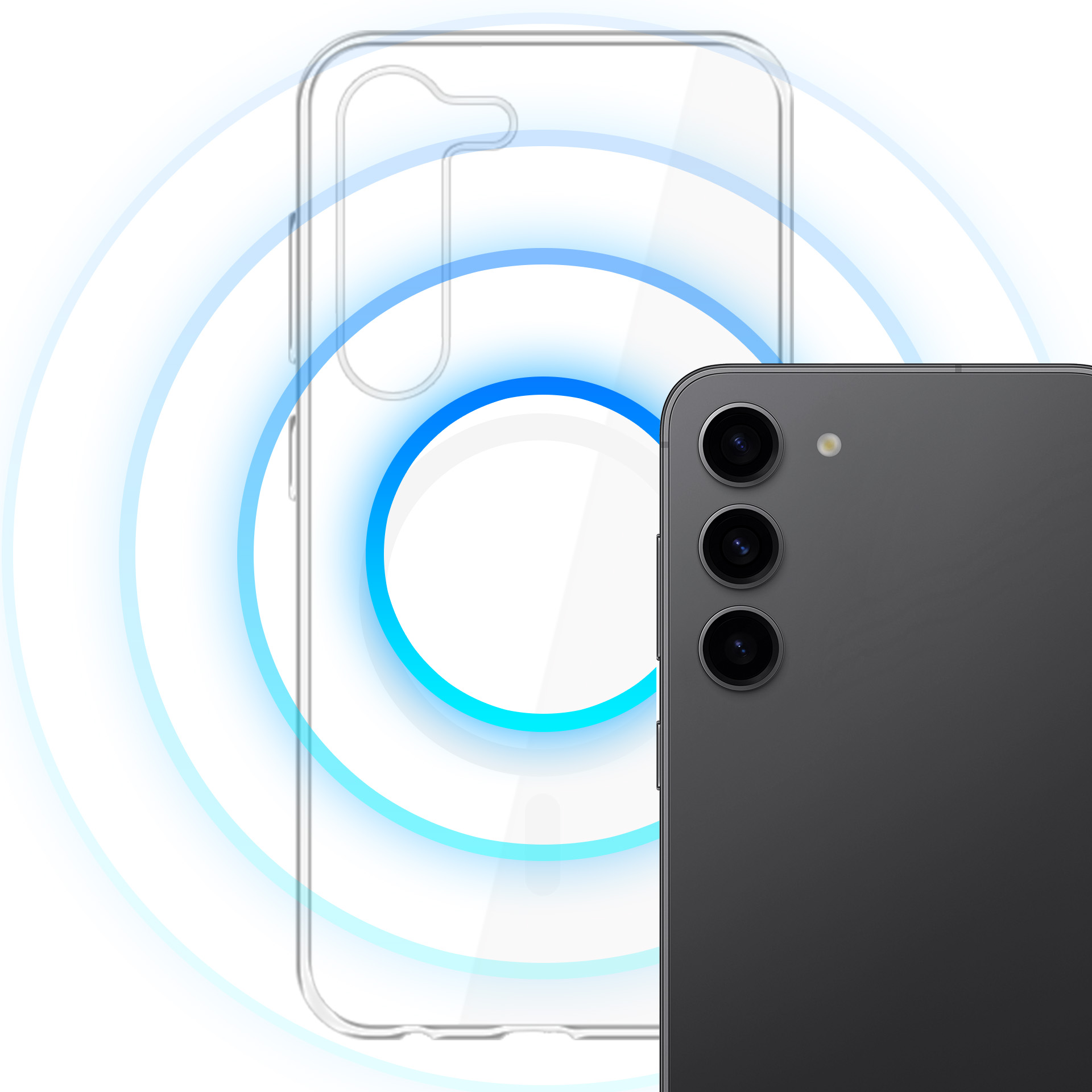 Una custodia trasparente per telefono e uno smartphone nero con tripla fotocamera sono visualizzati, insieme a cerchi blu sullo sfondo.