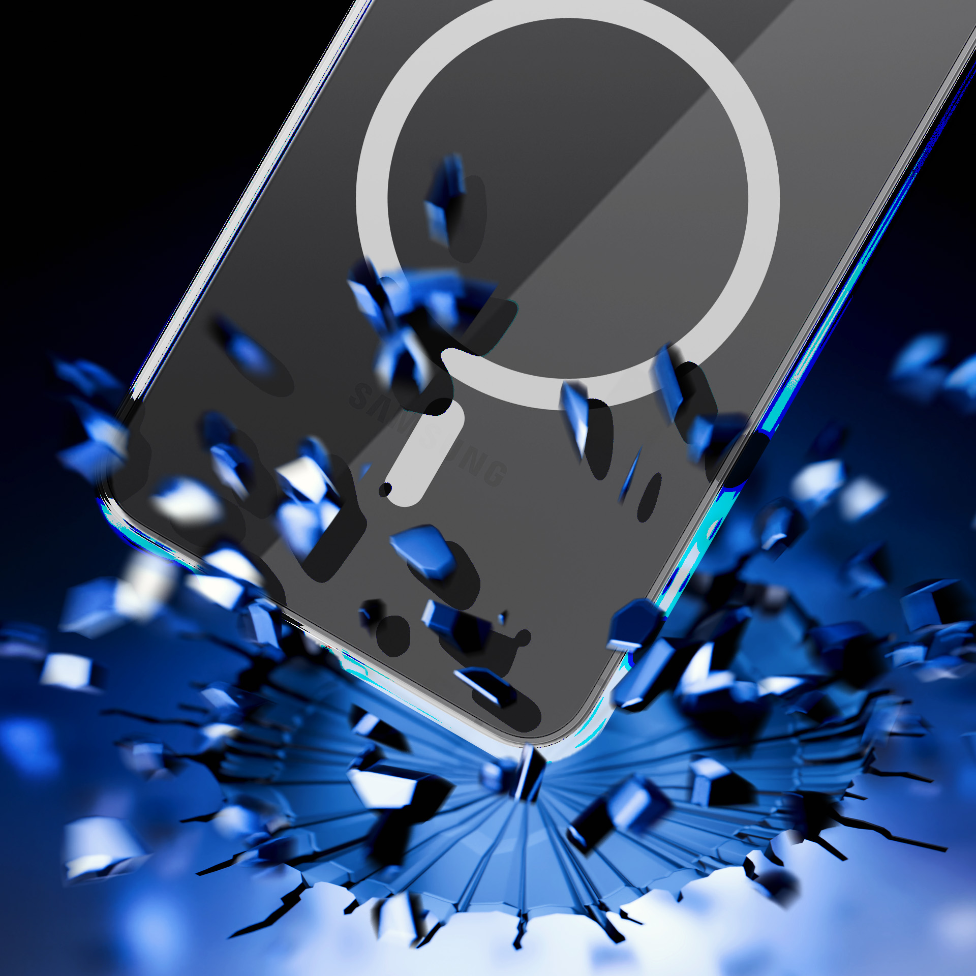 Una custodia per telefono con un anello si sta rompendo. Schegge blu e uno sfondo sfumato blu-nero.