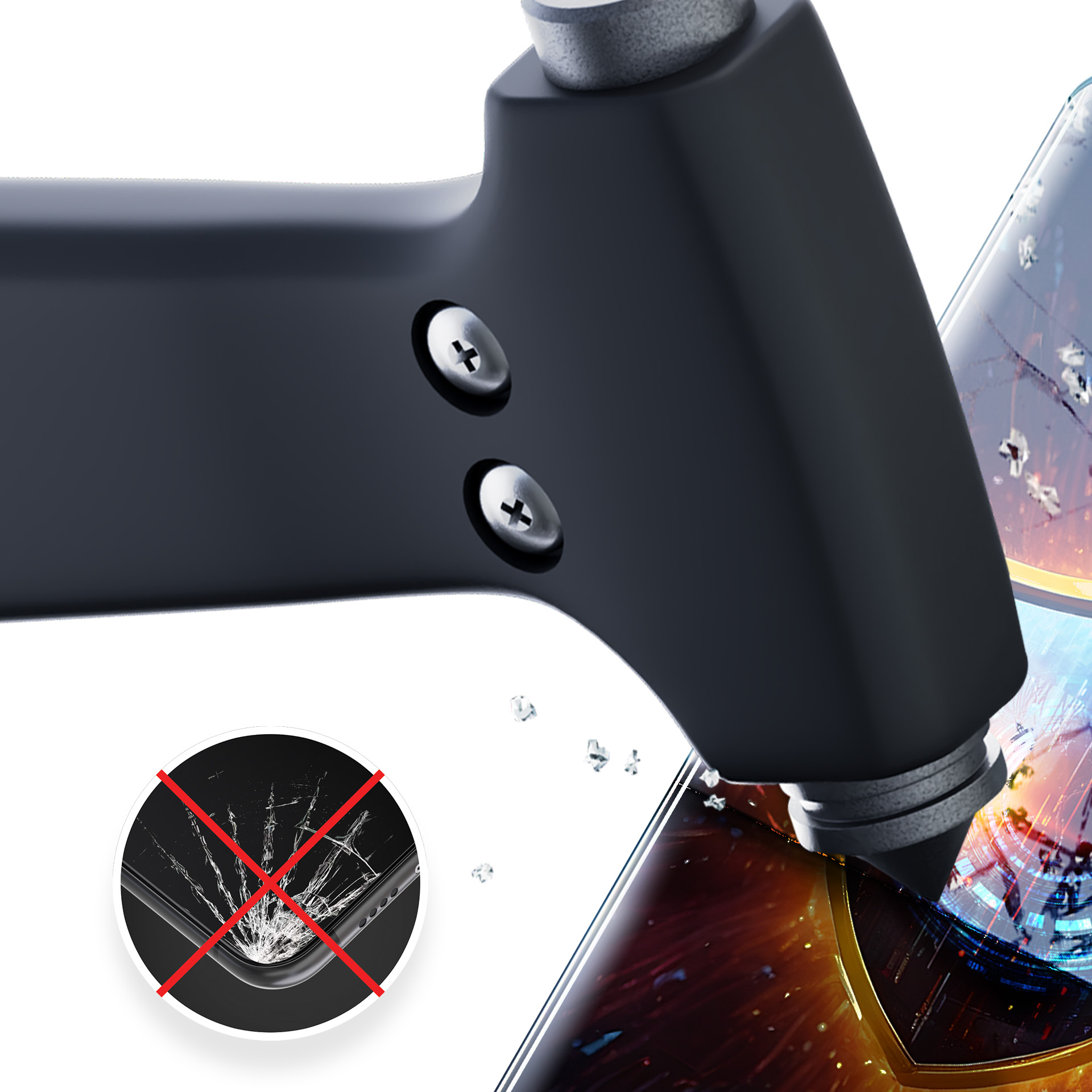 Młotek uderza w ekran telefonu. Ekran pęka. Symbol zakazu nad pękniętym ekranem.