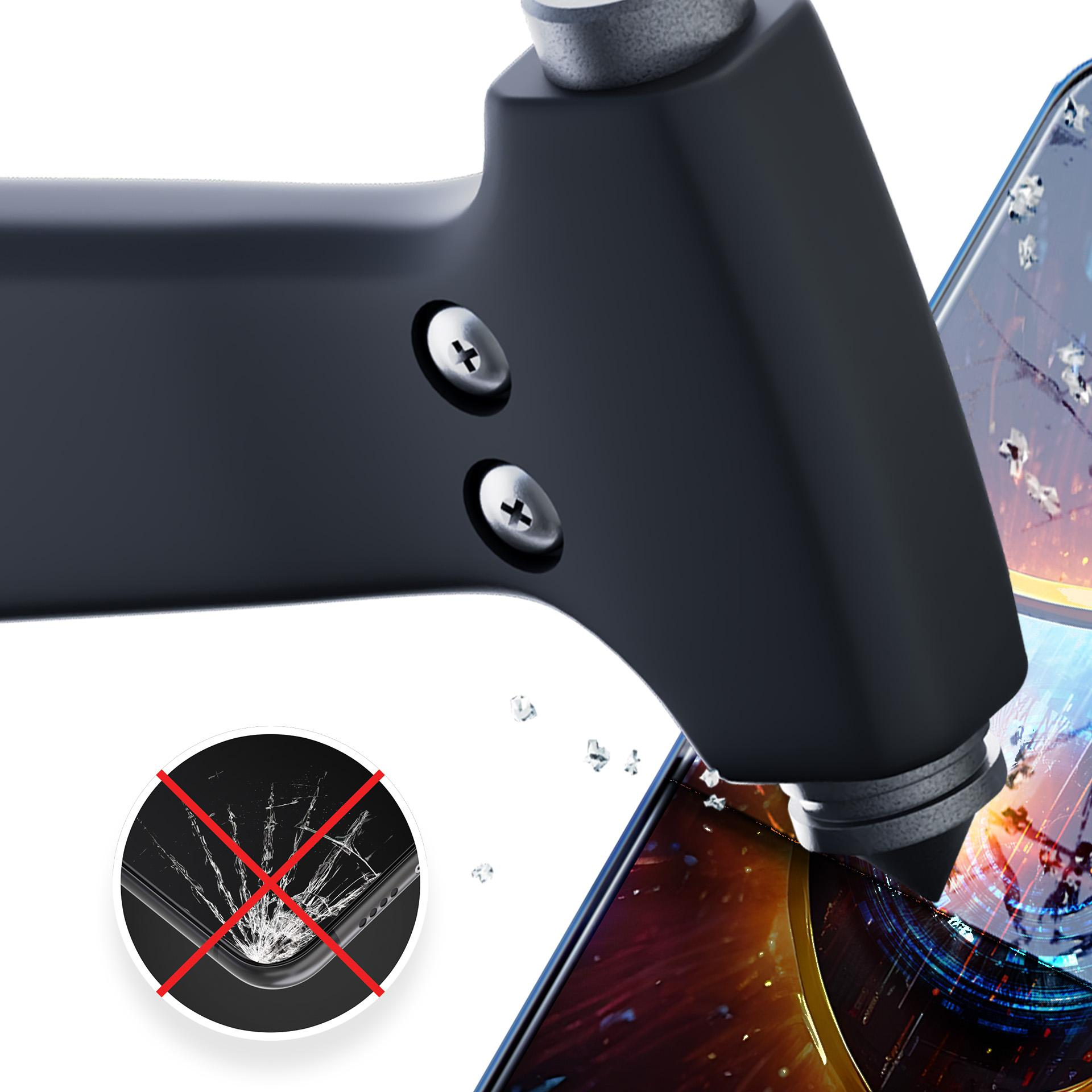 Młotek uderza w ekran telefonu, demonstrując ochronę. Pęknięty ekran jest przekreślony, w tle smartfon.