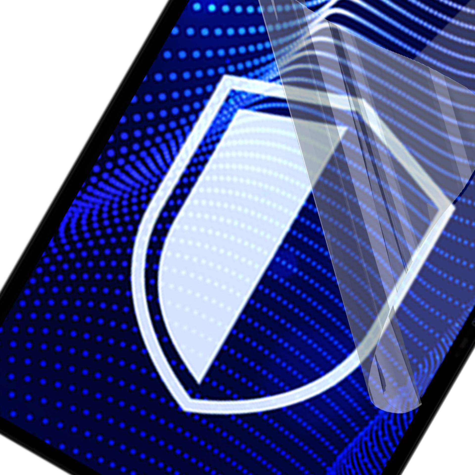 Ekran smartfona z ikoną tarczy na niebieskim, kropkowanym tle. Przezroczysta folia ochronna odkleja się.