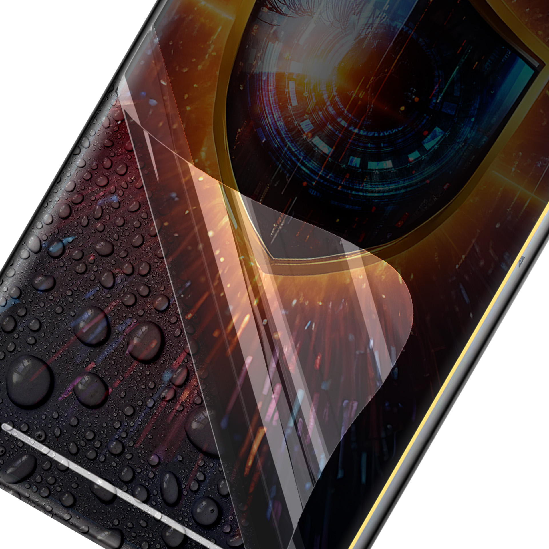 Uno smartphone con una protezione per lo schermo applicata, che mostra gocce d'acqua e un design futuristico all'interno dello schermo.