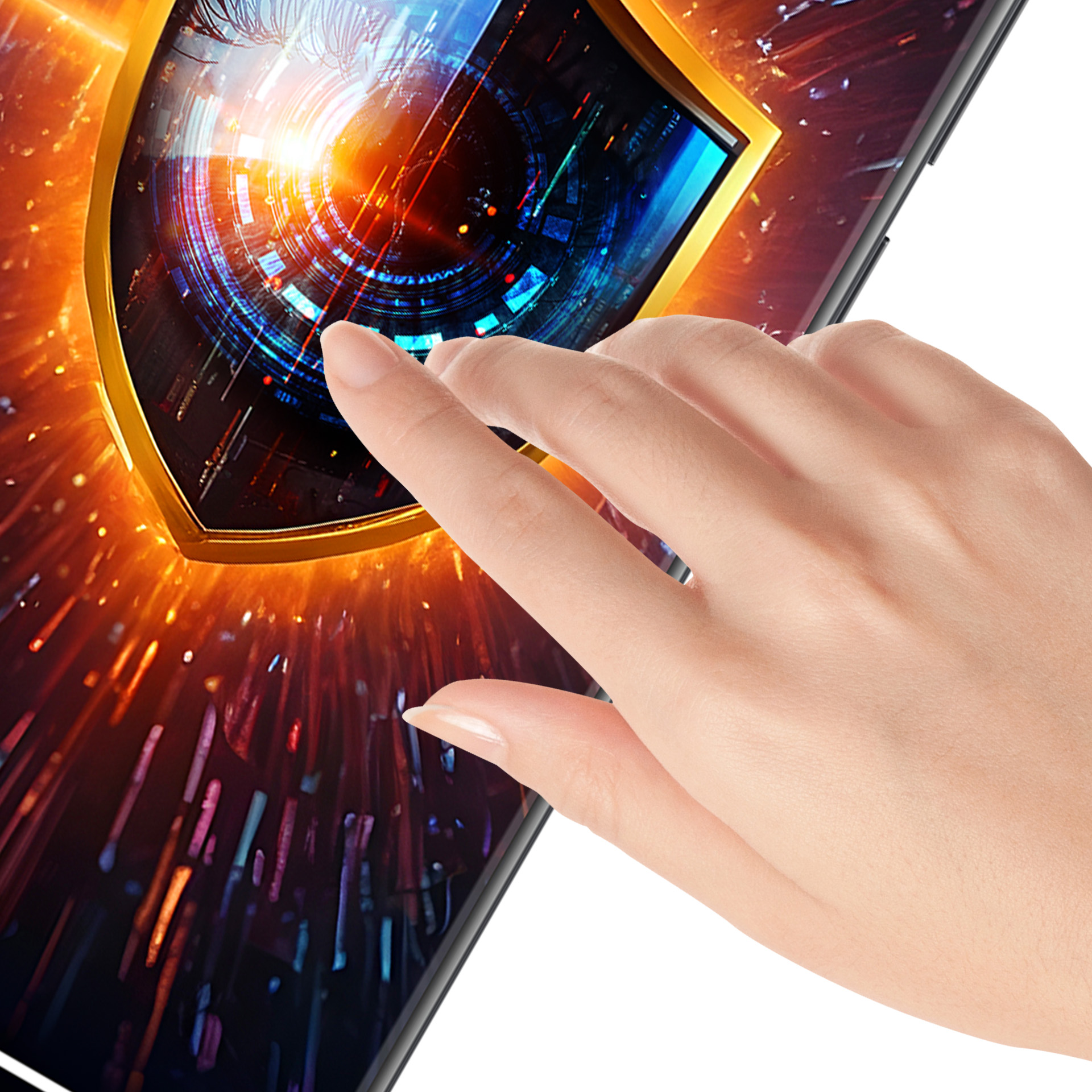 Una mano tocca uno schermo che mostra uno scudo con motivi digitali. Lo sfondo ha tonalità arancioni e blu.