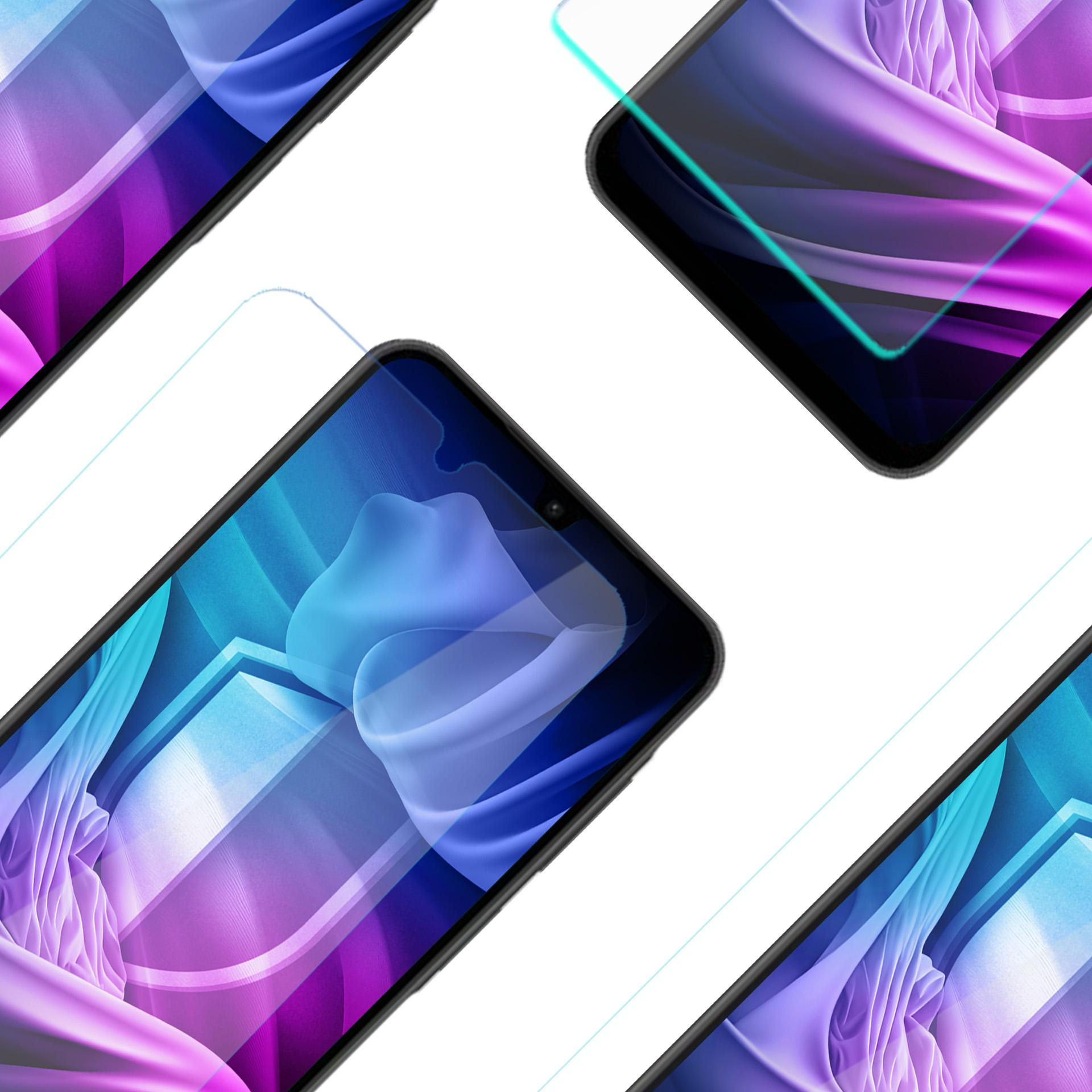 Cztery smartfony z osłonami ekranu, ułożone po przekątnej. Każdy ekran wyświetla kolorowy, abstrakcyjny wzór na białym tle.