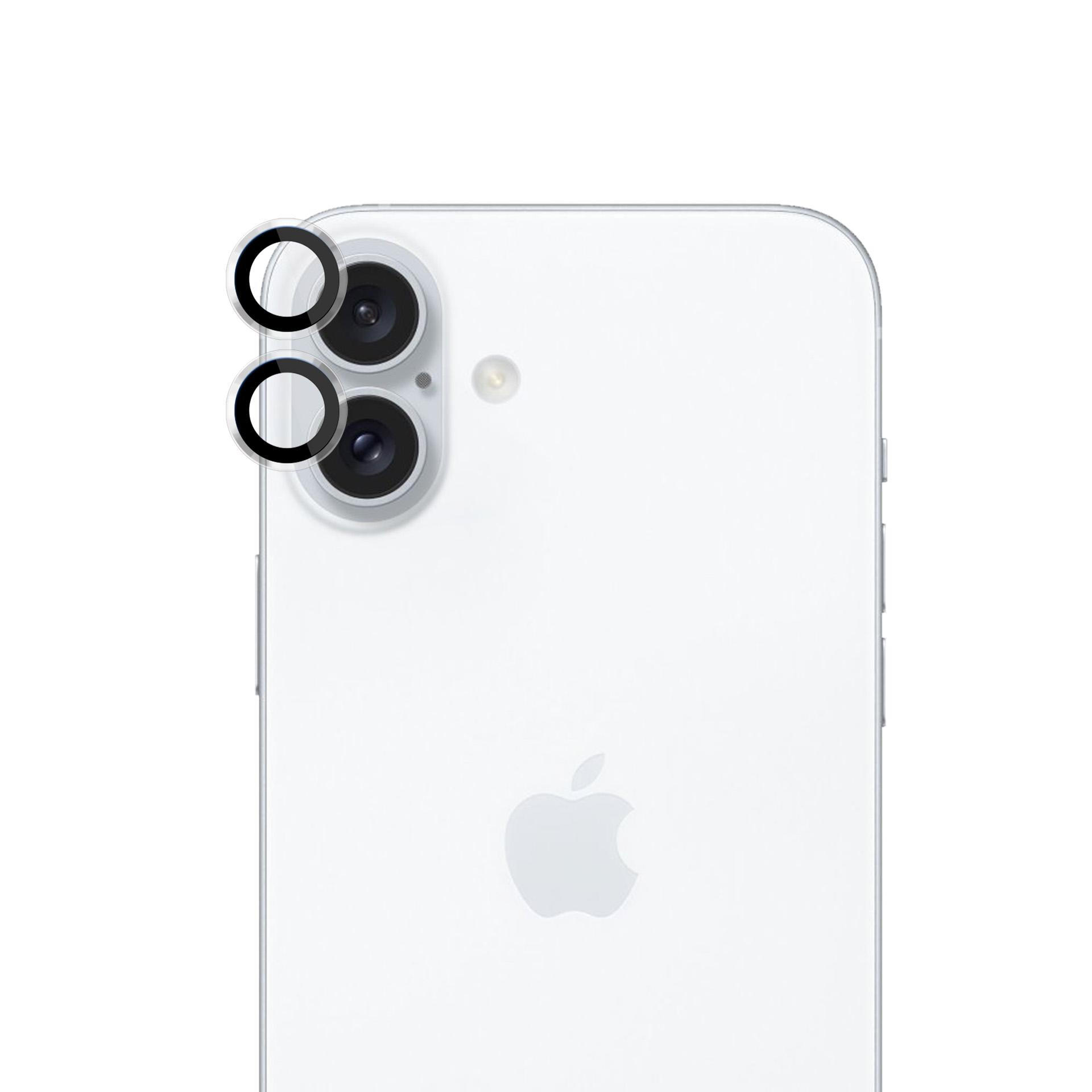 Retro telefono bianco con tre obiettivi, flash e logo Apple. Protezioni nere sugli obiettivi.