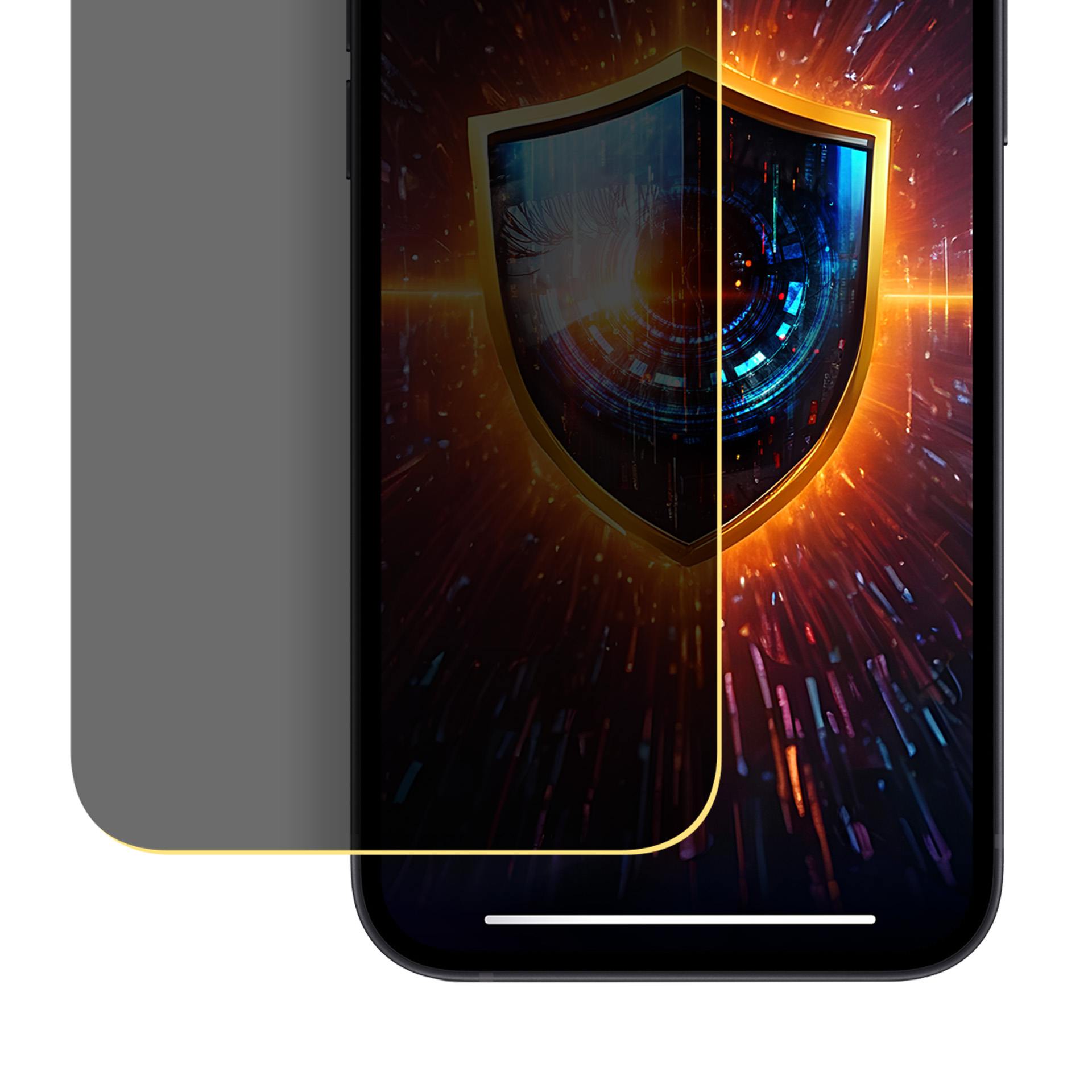 Schermo di smartphone con icona scudo, che suggerisce protezione dei dati. Pellicola privacy sul telefono.