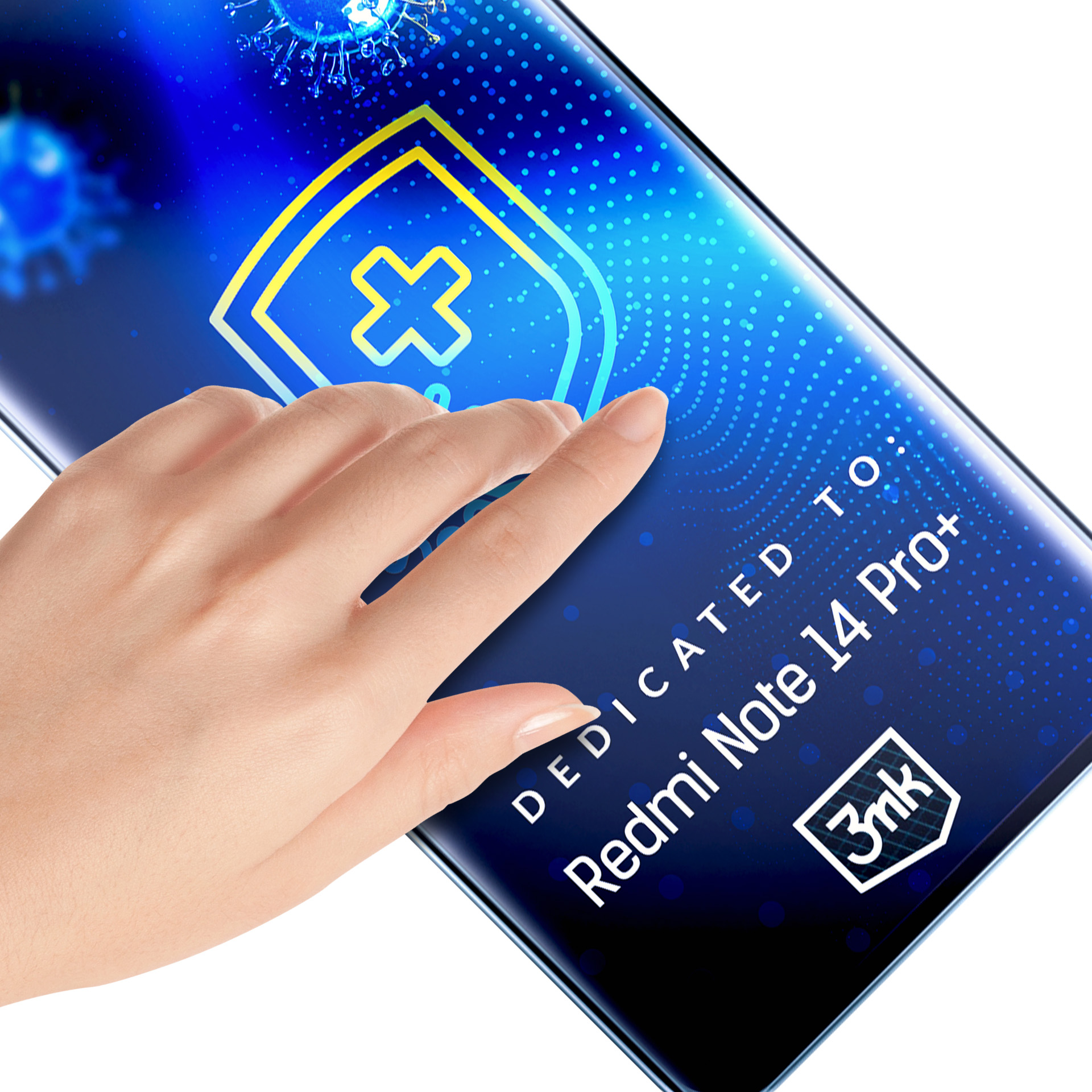 Mano che tocca lo schermo di un telefono con un'icona di scudo sanitario, il testo recita Redmi Note 14 Pro+. Lo sfondo è blu.