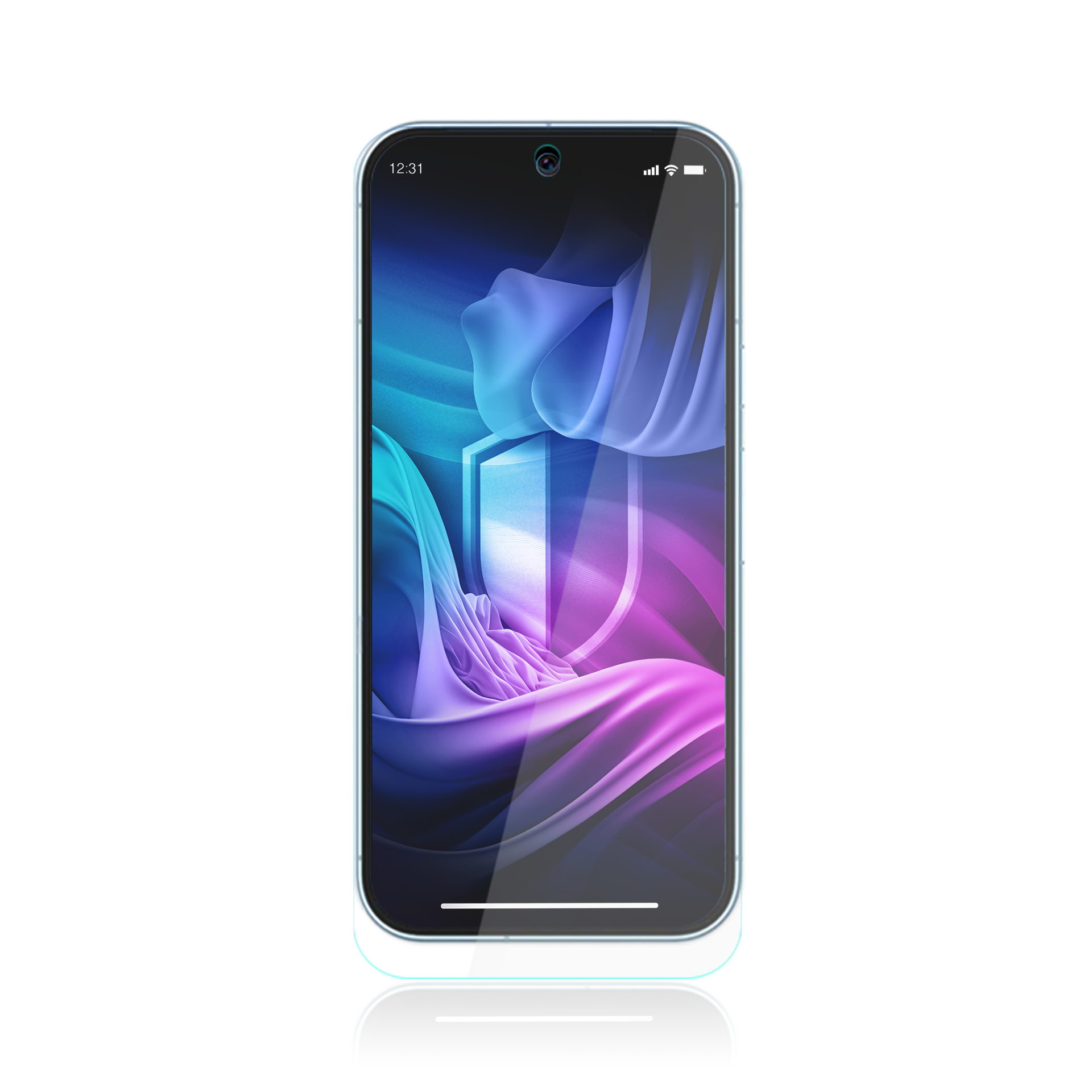Smartfon wyświetla cyfrową tarczę. Niebieskie i fioletowe abstrakcyjne tło z godziną i ikonami sygnału. Przezroczysty ochraniacz ekranu.
