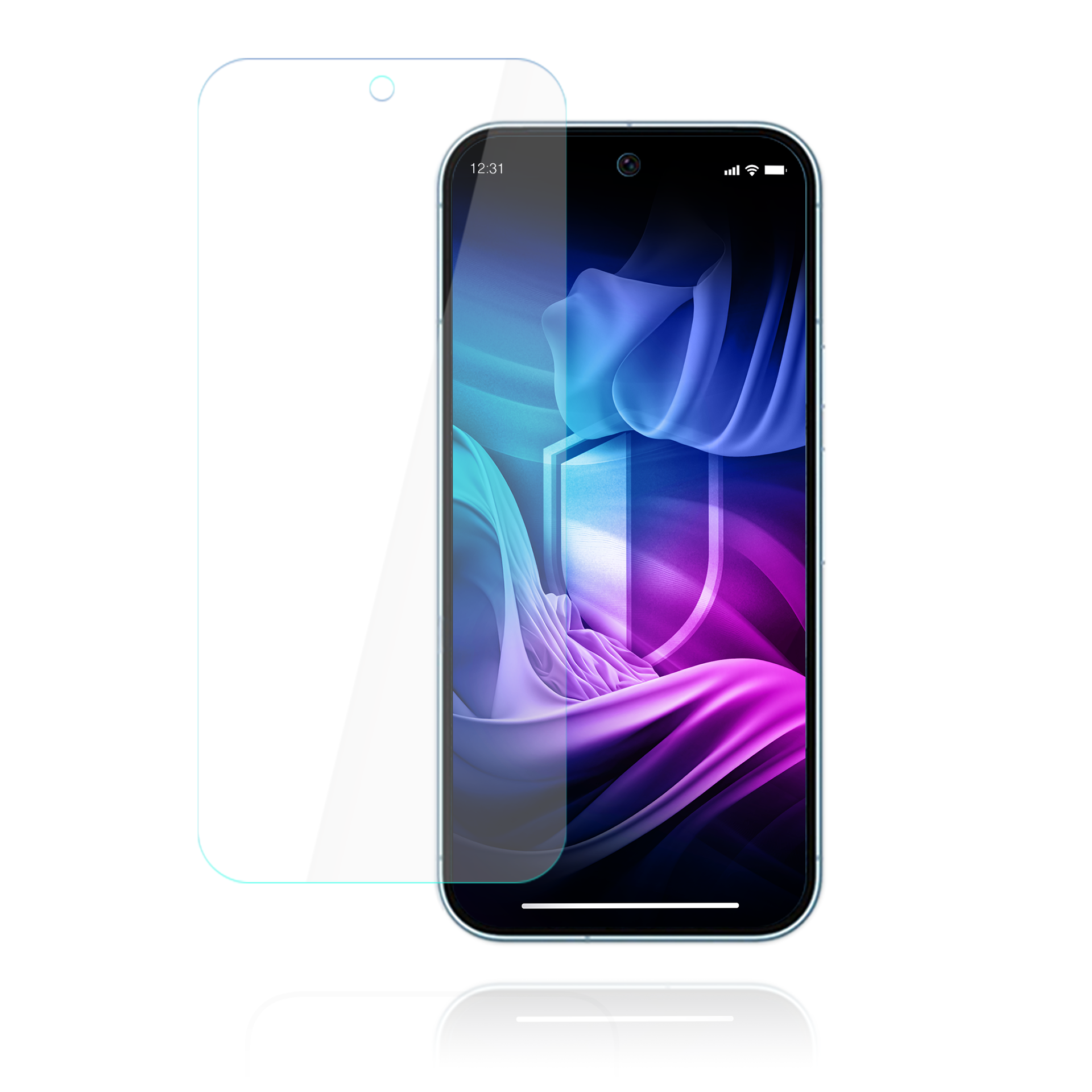 Smartfon z ochraniaczem ekranu. Telefon wyświetla kolorowe, abstrakcyjne tło.