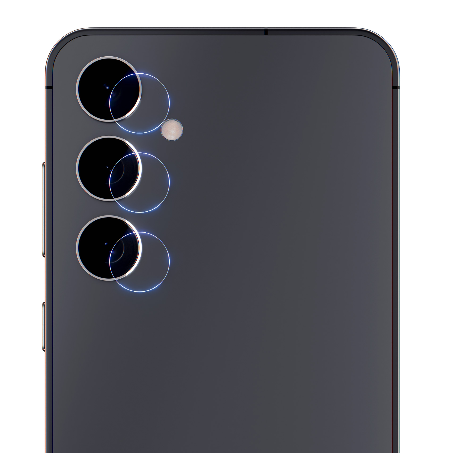 Zbliżenie tylnej części ciemnoszarego smartfona z trzema obiektywami aparatu, lampą błyskową i folią ochronną.