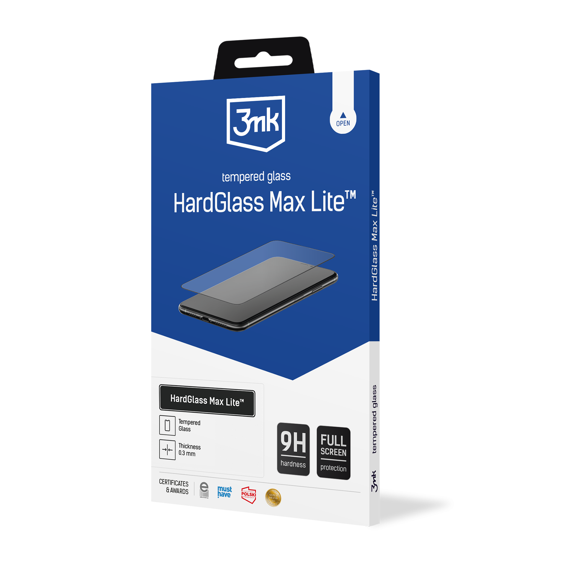Scatola di protezione schermo HardGlass Max Lite. Sfondo blu, logo 3mk e dettagli del prodotto.