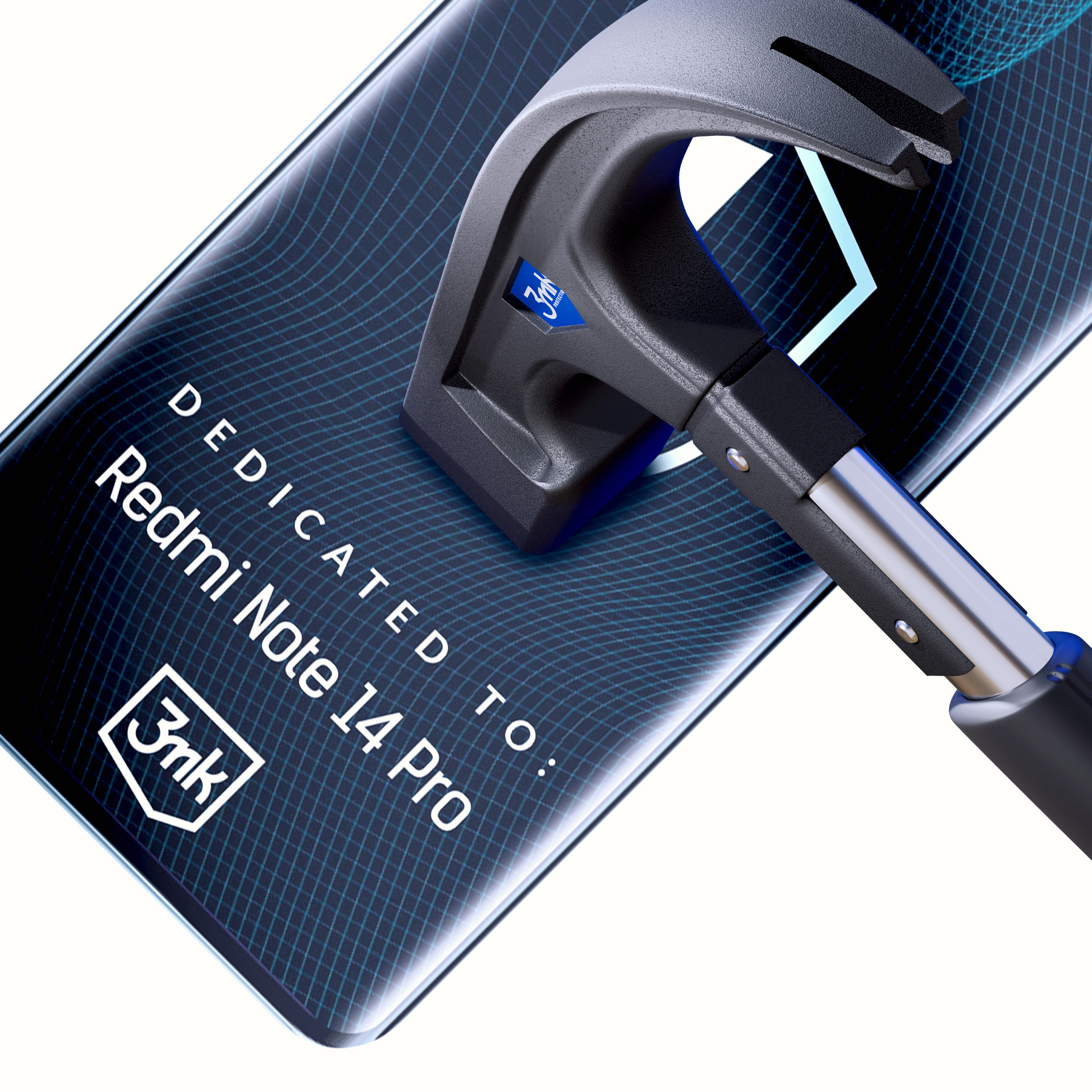 Młotek uderza w ekran telefonu. Ekran wyświetla tekst: Dedicated to Redmi Note 14 Pro. Tło jest białe.