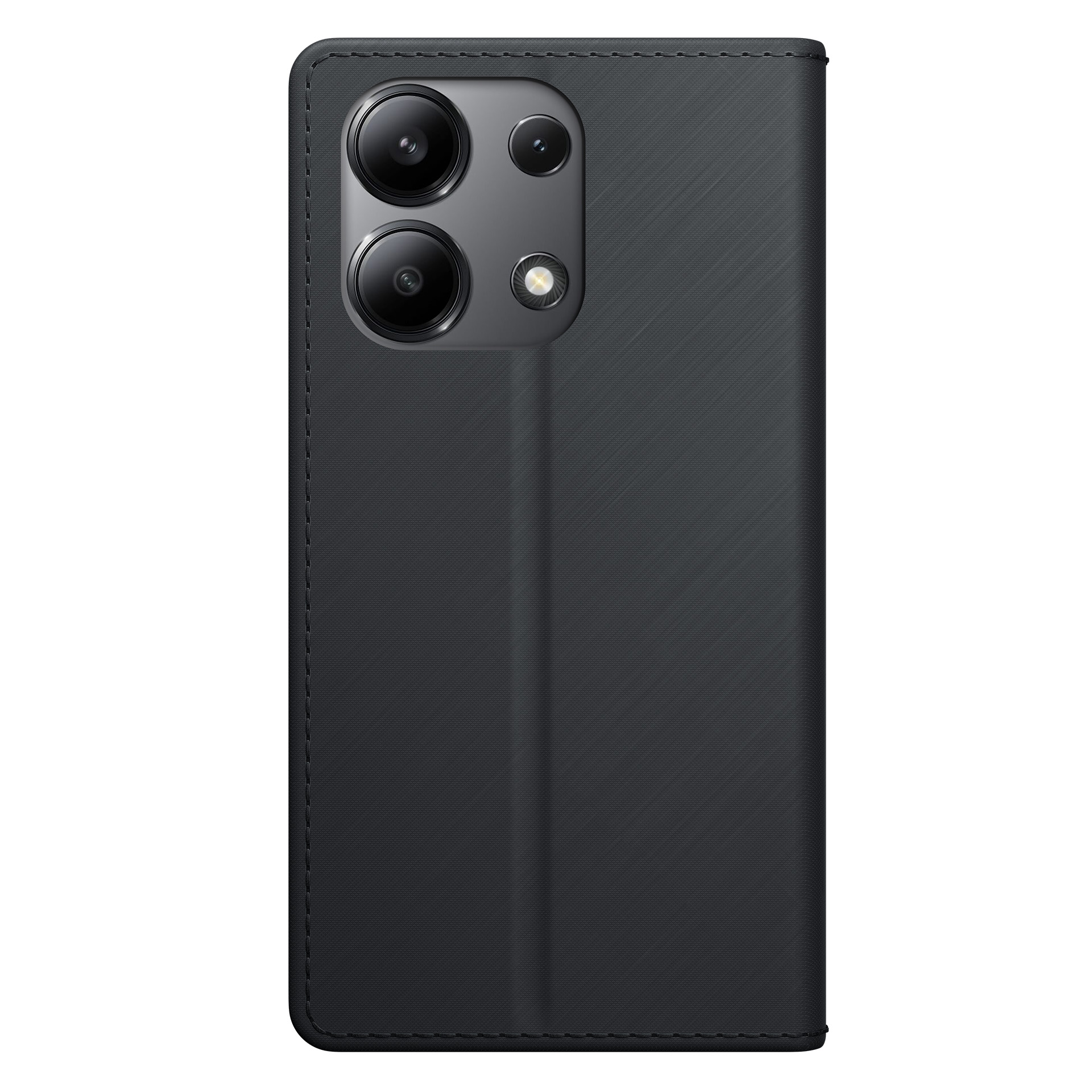 Una custodia per telefono nera, chiusa, con un alloggiamento per la fotocamera con tre lenti e un flash. La custodia ha una superficie strutturata.