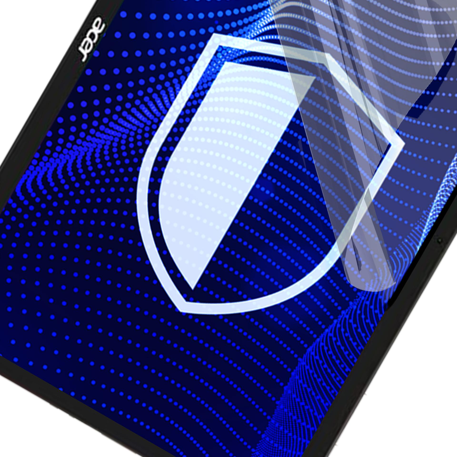 Ekran laptopa Acer wyświetla ikonę tarczy. Ekran ma niebieskie, kropkowane tło. Logo Acer znajduje się w lewym górnym rogu.