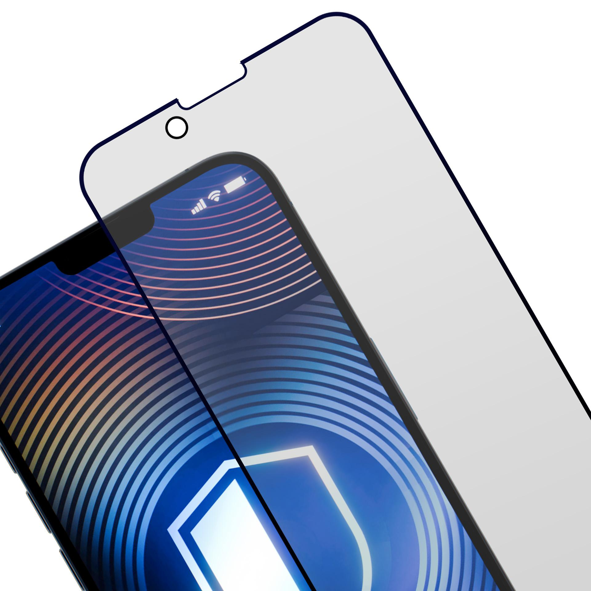 Uno schermo di smartphone con protezione. Il telefono mostra uno sfondo blu, bianco e arancione. La protezione ha un intaglio.