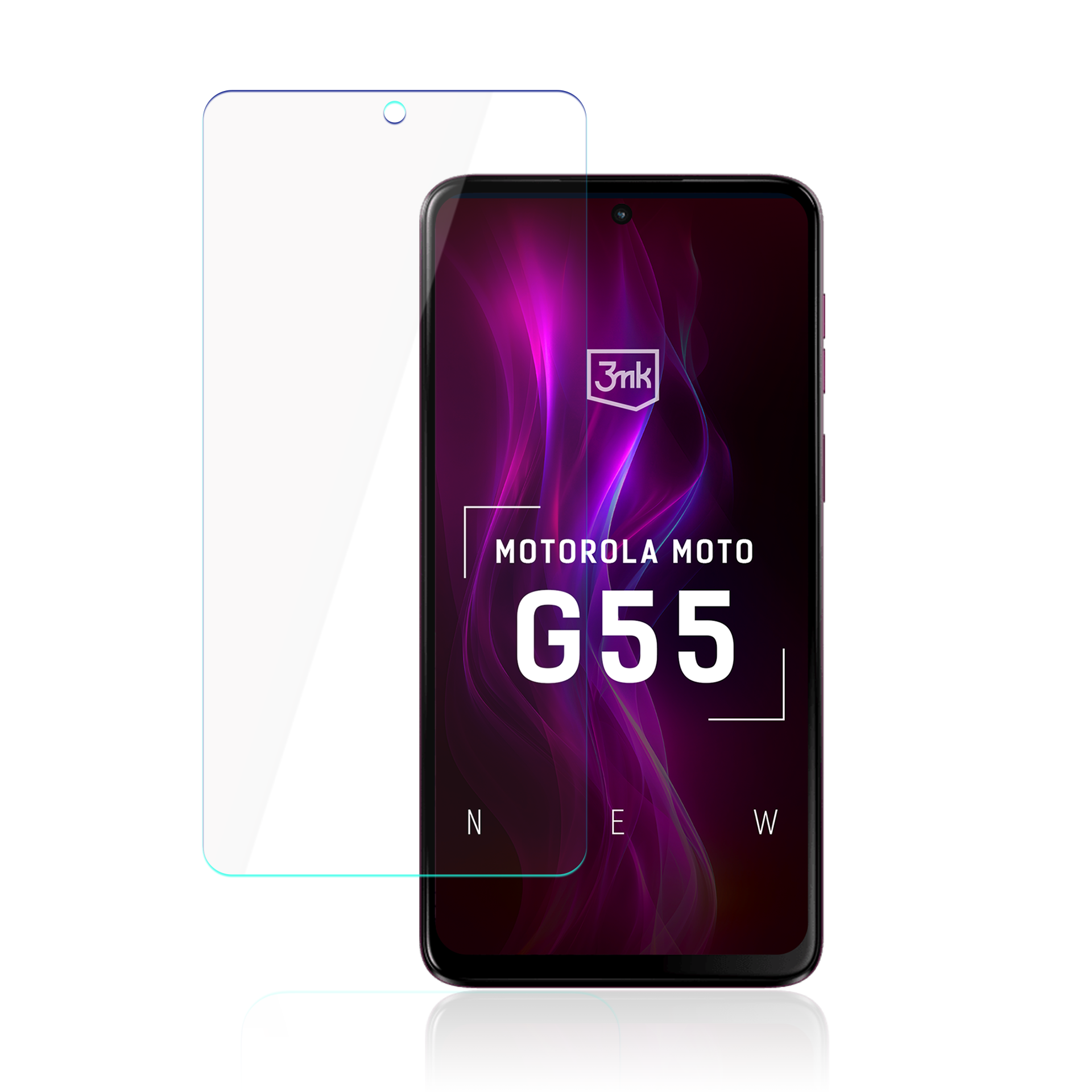 Un telefono con protezione schermo. Il telefono mostra Motorola Moto G55. La protezione è trasparente. Sfondo bianco.