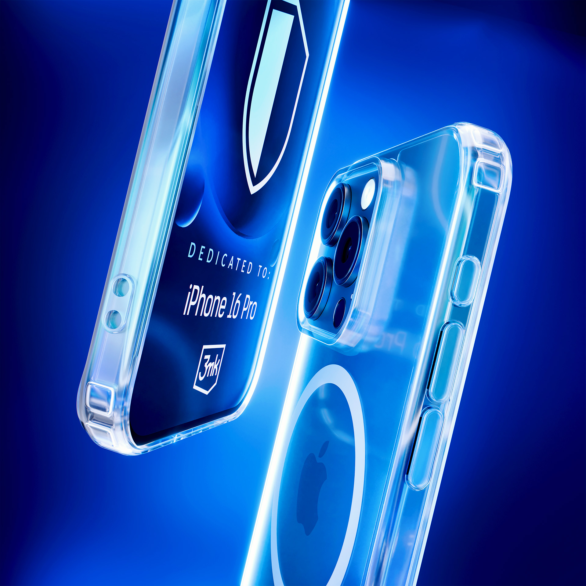 Due custodie trasparenti per telefono, una con la scritta 'iPhone 16 Pro', su sfondo blu.