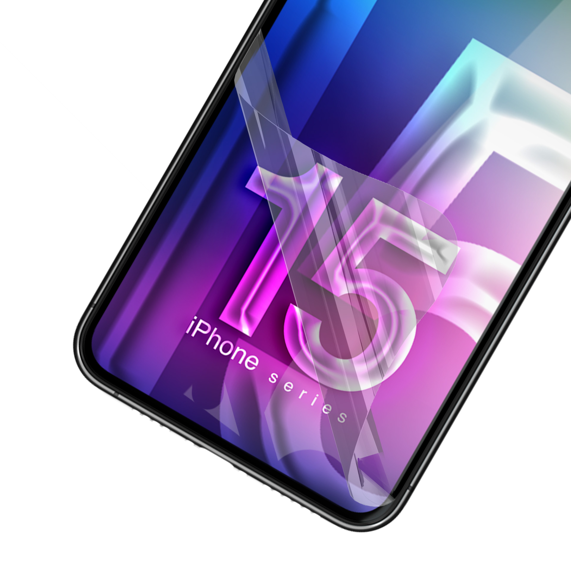 Uno schermo di iPhone con una pellicola protettiva applicata. La pellicola mostra il numero 15 e le parole serie iPhone sullo schermo.