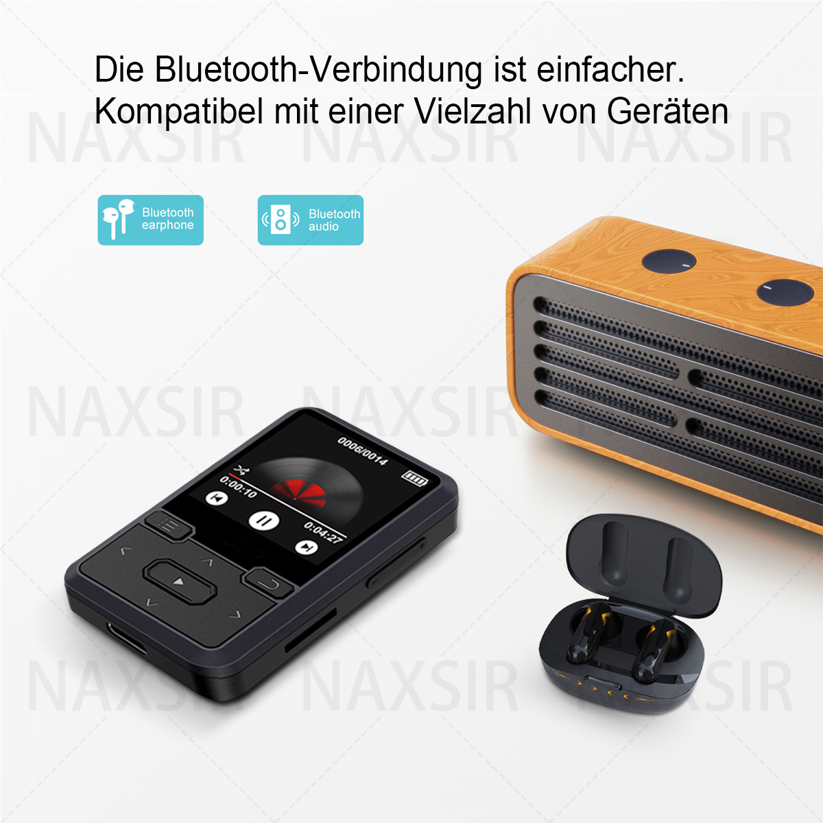 Das Bild zeigt einen schwarzen MP3-Player, einen hölzernen Lautsprecher, ein offenes Kopfhörer-Etui und Bluetooth-Symbole.