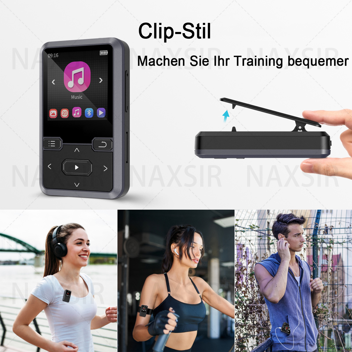 Gezeigt wird ein MP3-Player mit Clip, zusammen mit Personen, die mit ähnlichen Geräten trainieren, darunter Läufer und Fitnessstudiobesucher.