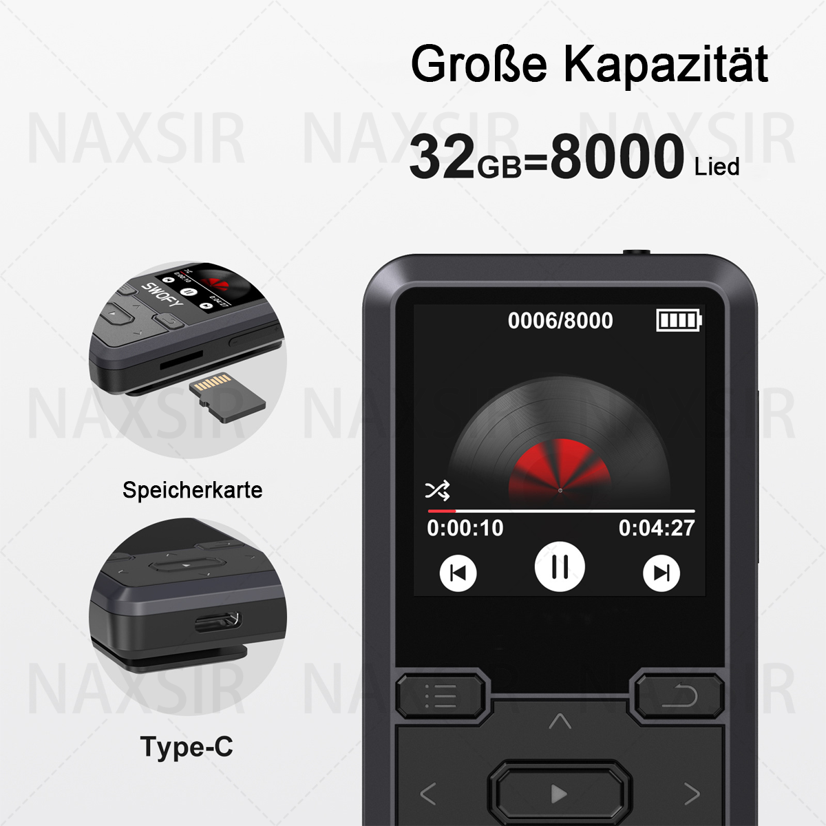 Ein schwarzer MP3-Player zeigt eine Musikoberfläche. Speicherkarte, Typ-C und 32GB=8000 Lied werden ebenfalls angezeigt.