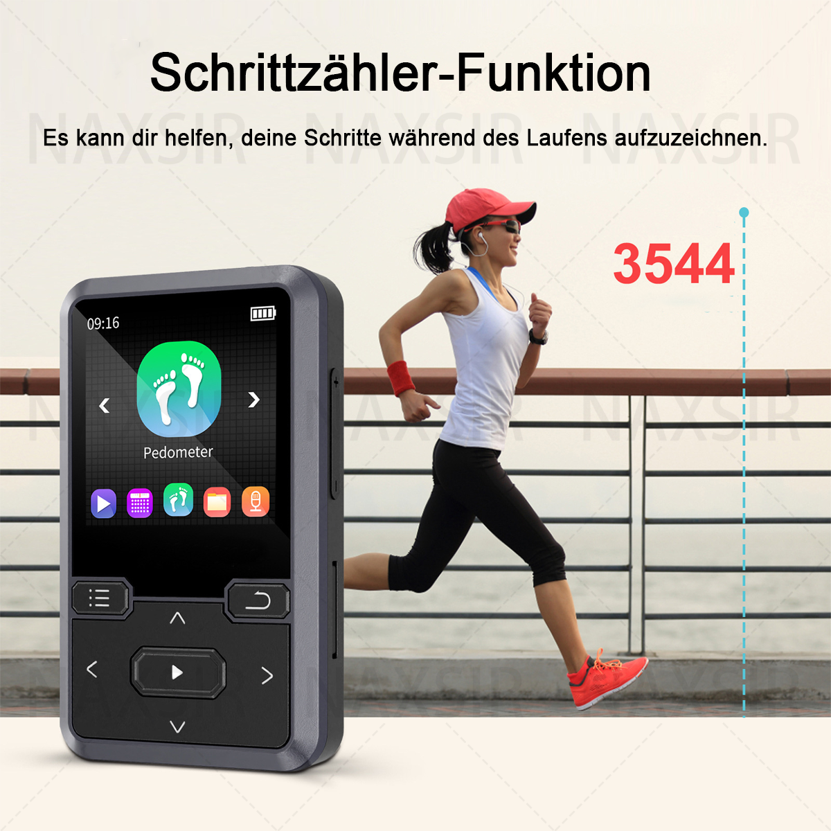 Eine Frau rennt. Ein Schrittzähler links zeigt 'Pedometer'. Text lautet '3544'. Im Hintergrund eine Brücke und Meer.