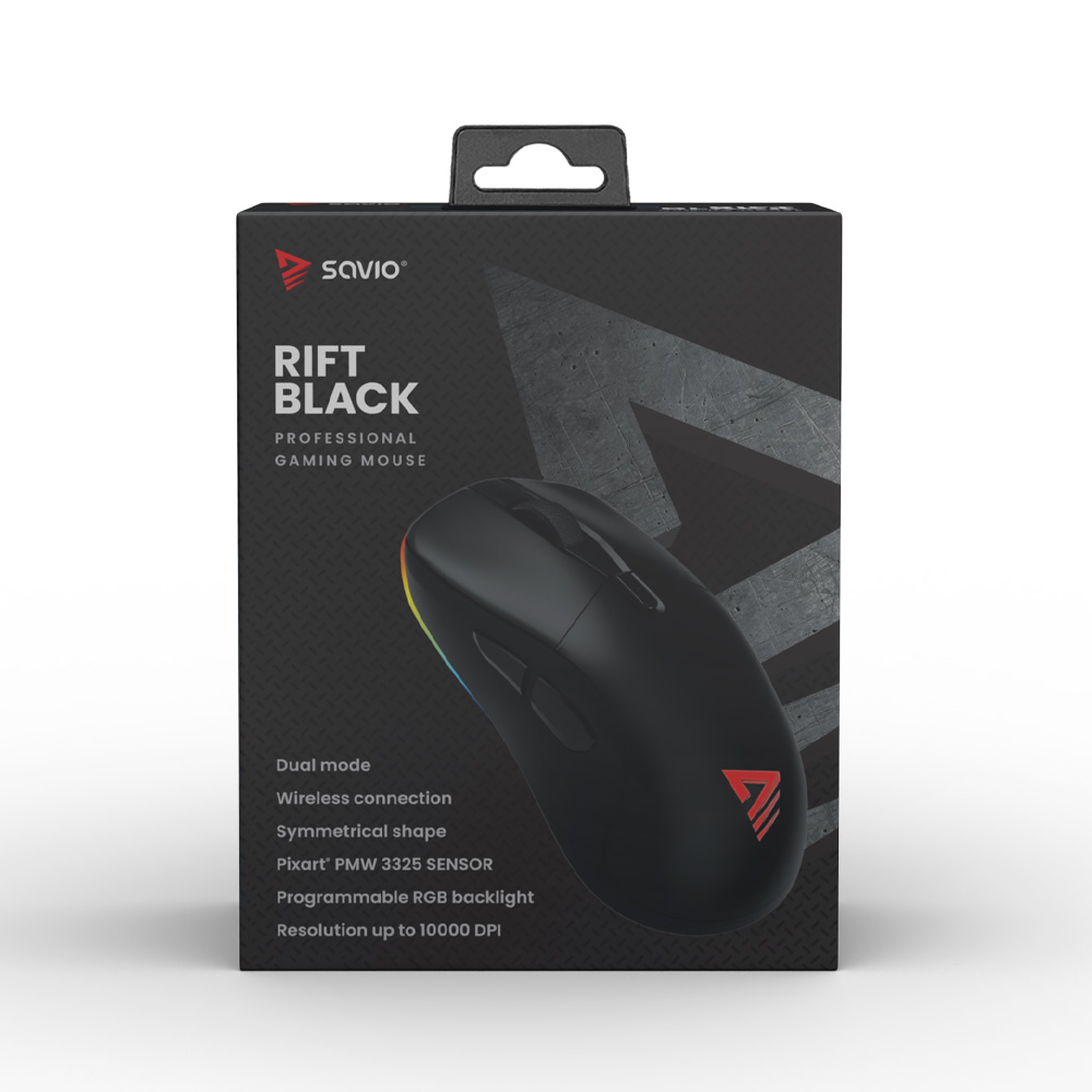Czarna mysz do gier na czarnym pudełku. Na pudełku napis RIFT BLACK PROFESSIONAL GAMING MOUSE. Posiada tryb dual i podświetlenie RGB.