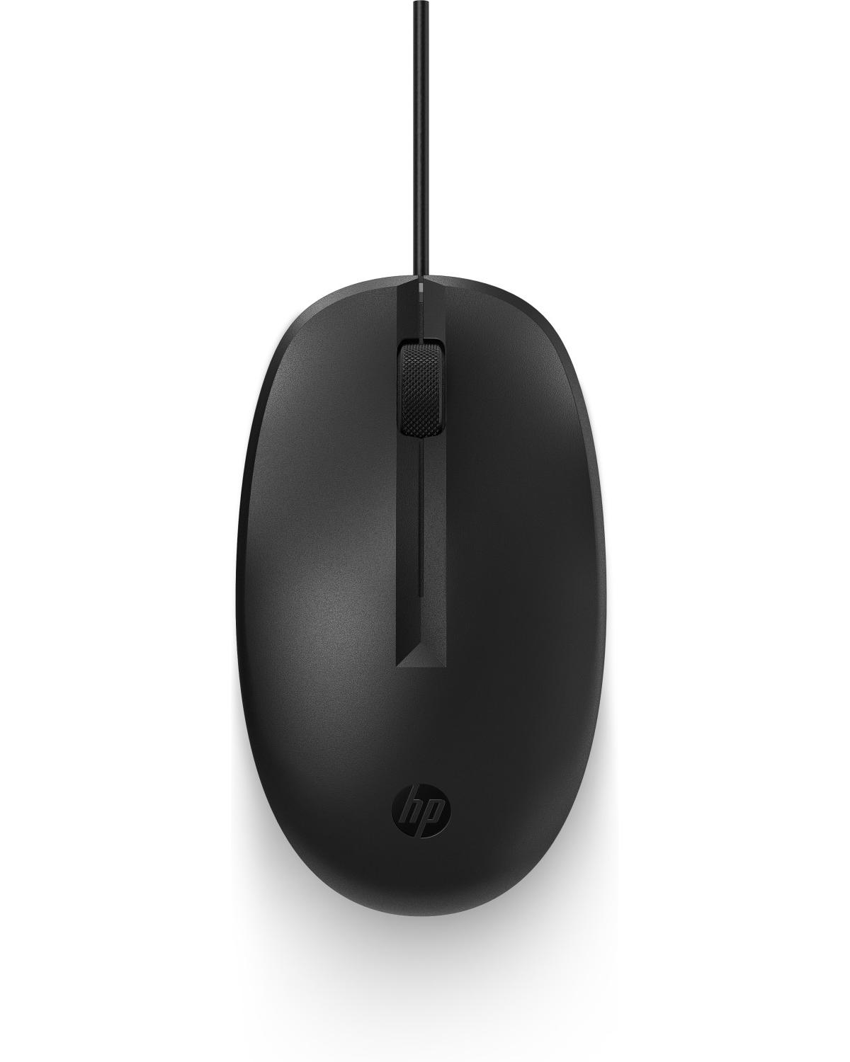 Un ratón de computadora HP negro con cable sobre un fondo blanco. El ratón tiene una rueda de desplazamiento y un cable que se extiende hacia arriba.