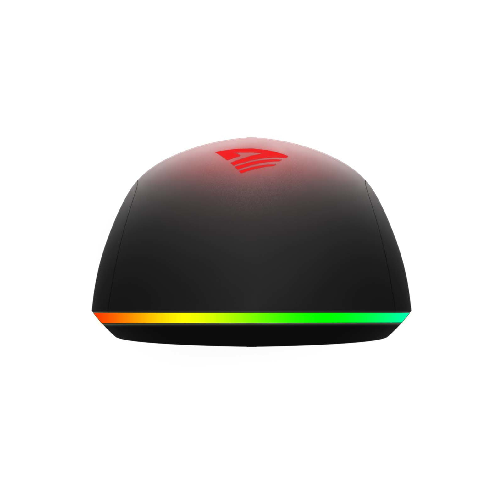 Czarne urządzenie z czerwonym logo, światłem gradientowym. Ma pomarańczowe, żółte i zielone światło.