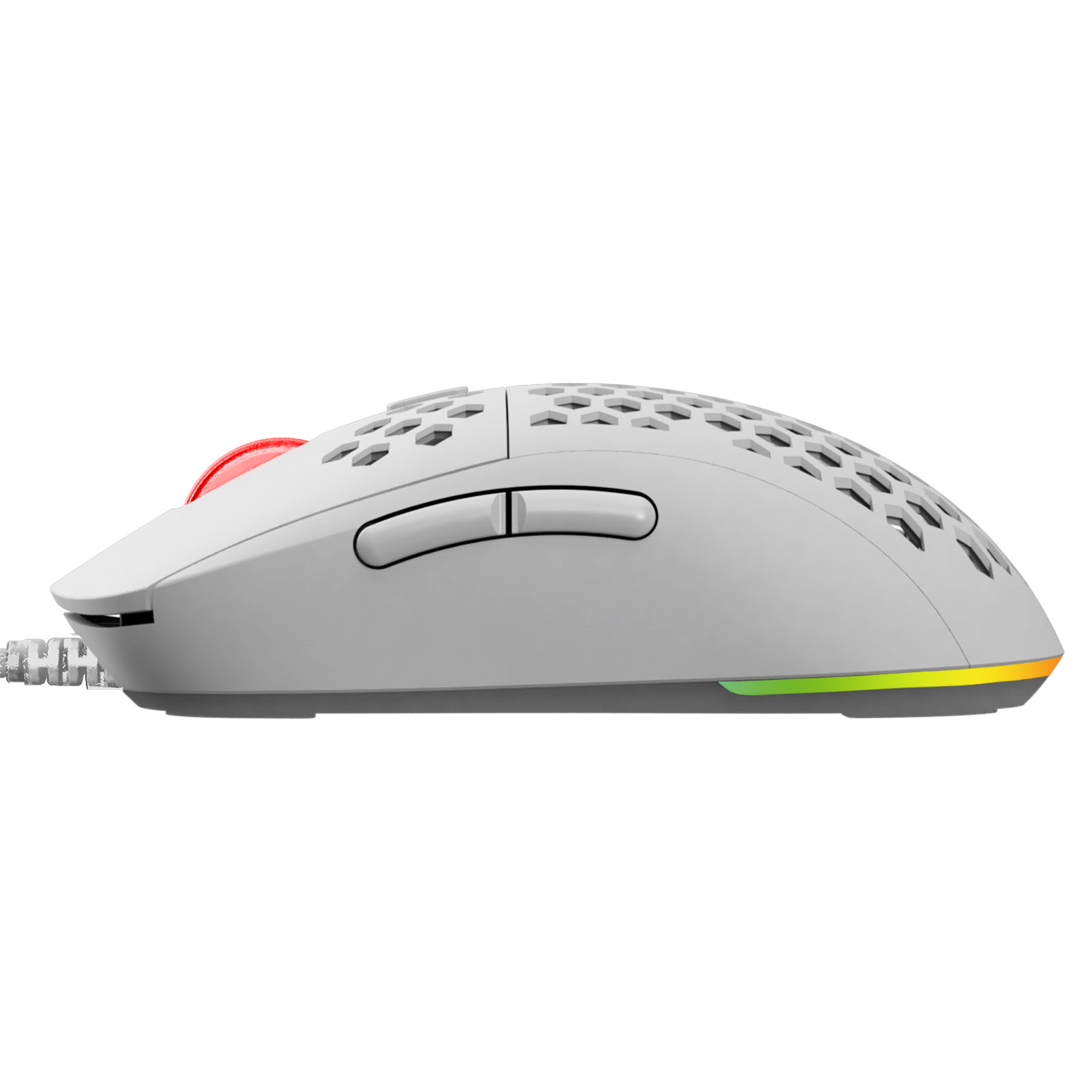 Biała mysz do gier z czerwonymi akcentami, przyciskami bocznymi i wzorem plastra miodu. Posiada kolorowy pasek LED.