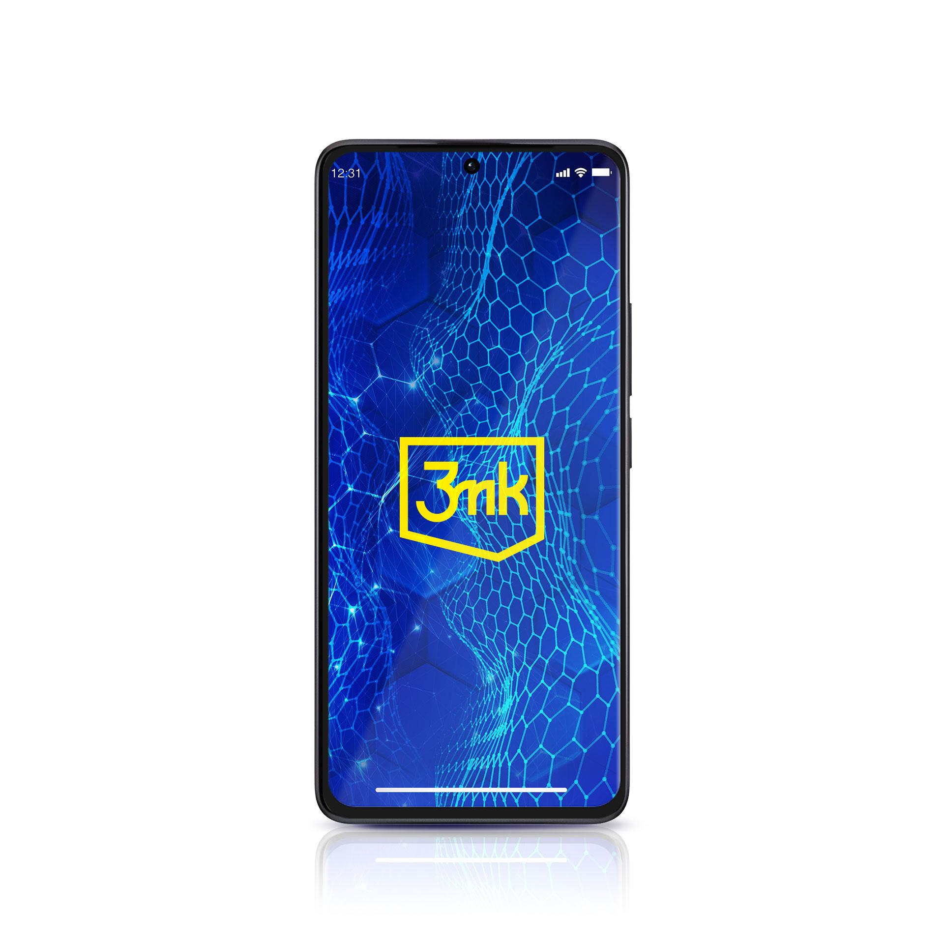 Uno smartphone mostra uno sfondo blu geometrico con un logo giallo. L'ora è 12:31.