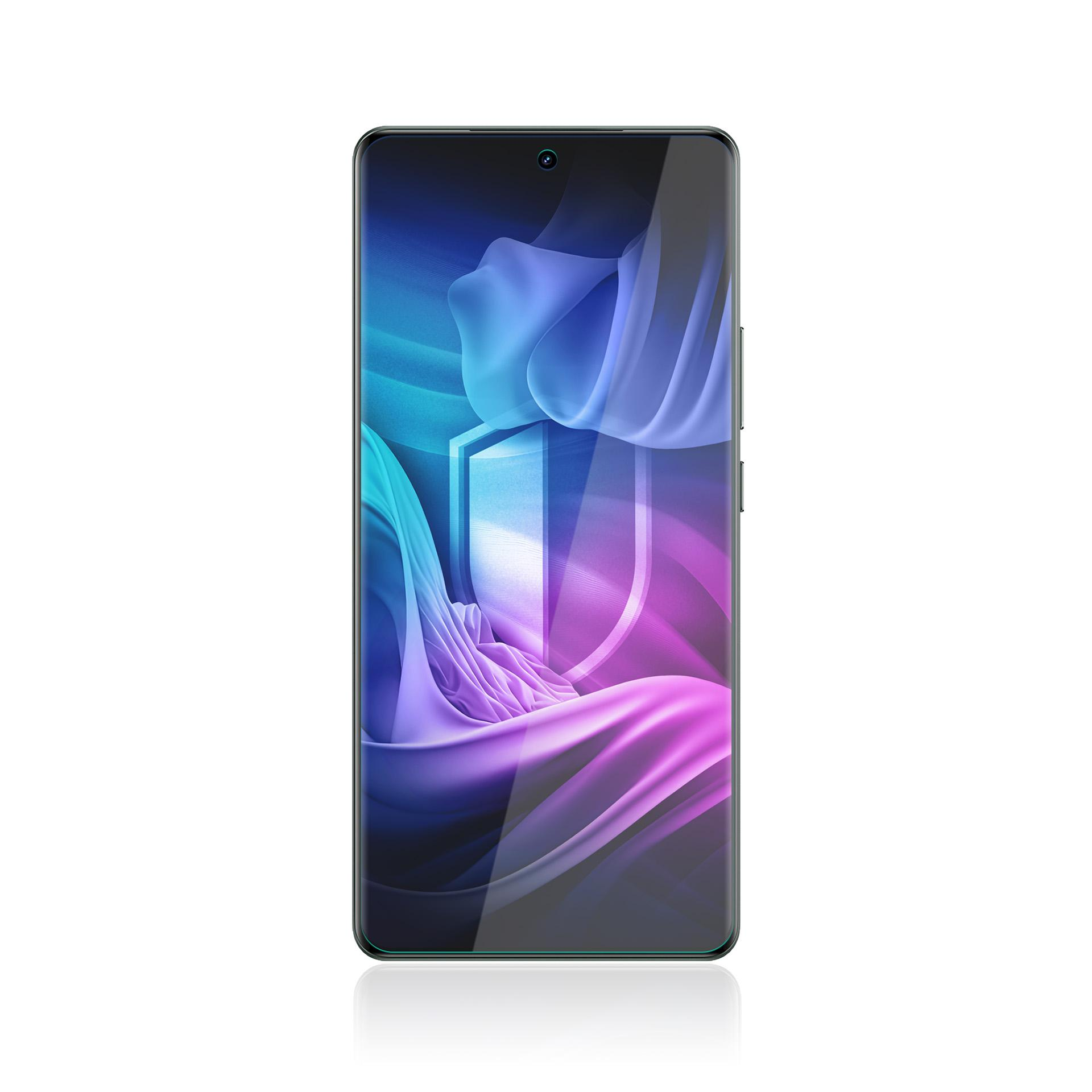 Smartphone con schermo che mostra un design astratto blu e viola e sfondo bianco.