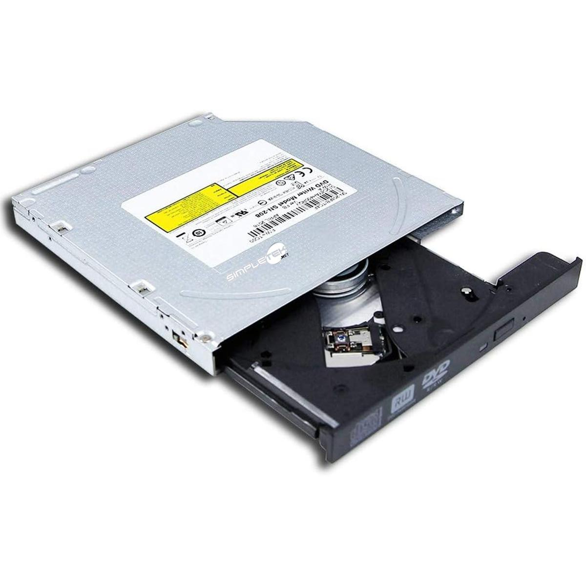Un'unità DVD per computer argentata con il vassoio aperto, che rivela i componenti interni. È visibile un adesivo giallo.