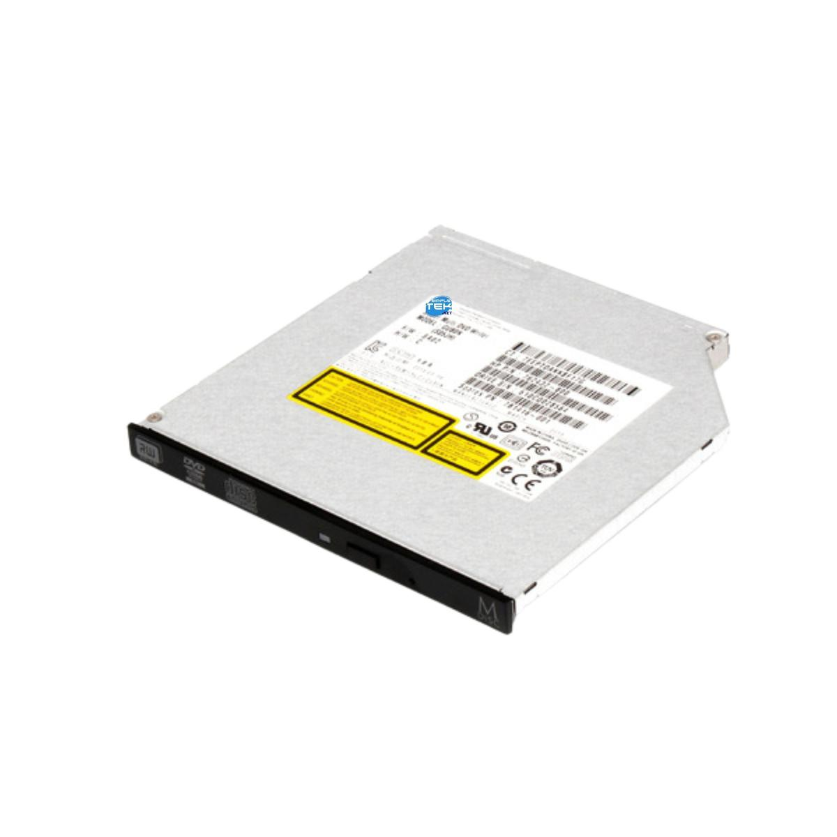 Un'unità DVD per computer argento e nera è isolata su sfondo bianco. Ha adesivi ed etichette.