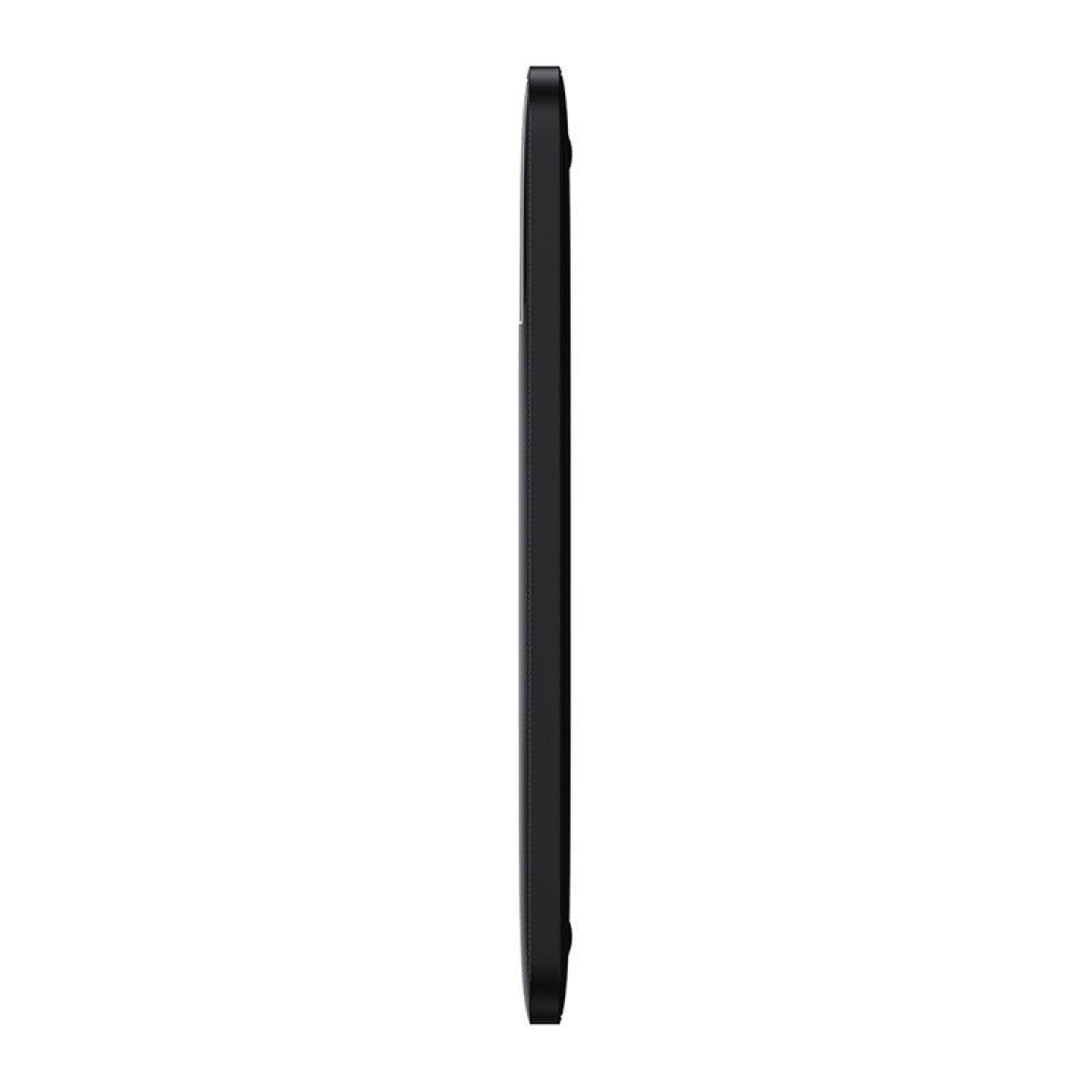 Ein schwarzes rechteckiges Objekt, möglicherweise ein Telefon oder Tablet, ist von der Seite zu sehen. Es ist vor einem weißen Hintergrund.
