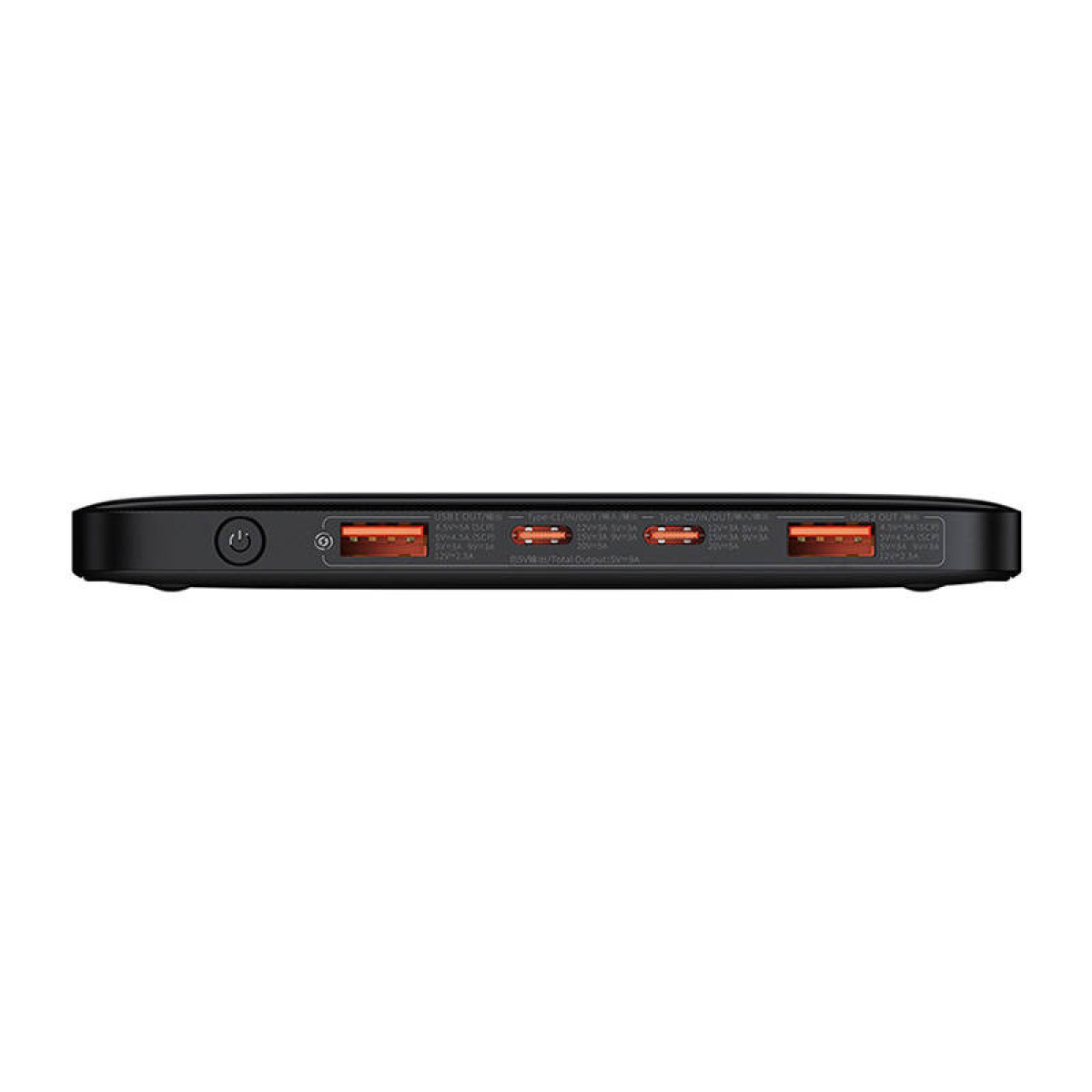 Eine schwarze Powerbank mit mehreren Anschlüssen und Beschriftungen. Sie hat einen Ein- / Aus-Schalter und mehrere USB- und Typ-C-Anschlüsse. Die Anschlüsse sind orange.