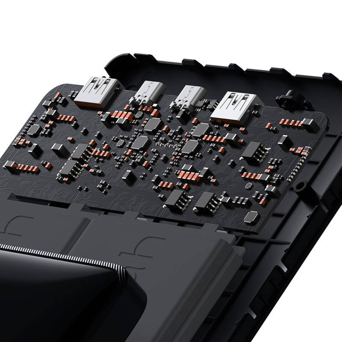 Nahaufnahme der inneren Komponenten eines schwarzen elektronischen Geräts. Leiterplatte mit Chips und Anschlüssen, Schichten aus Kunststoffgehäuse sichtbar.
