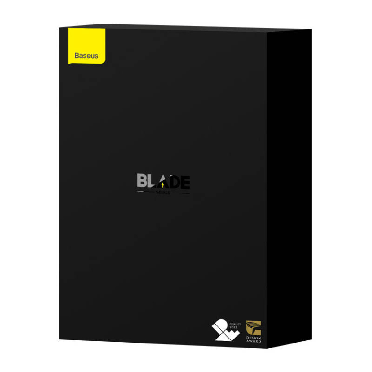 Eine schwarze Box mit dem Text Blade Series. Oben links befindet sich ein gelbes Quadrat mit Baseus. Design-Award-Logos befinden sich unten rechts.