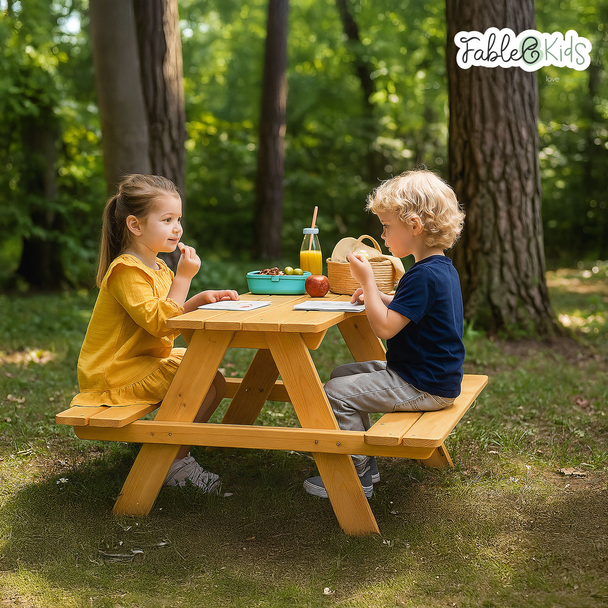 Zwei Kinder sitzen an einem Picknicktisch aus Holz. Sie sind in einem Park. Auf dem Tisch stehen Essen und Getränke. Im Hintergrund sind Bäume.