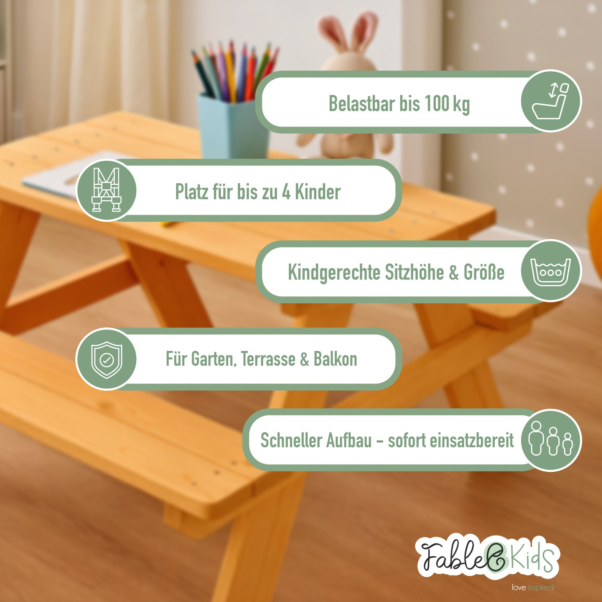 Kindertisch aus Holz mit Etiketten. Kapazität, Gewicht, geeignet für Garten, Balkon und schneller Aufbau.