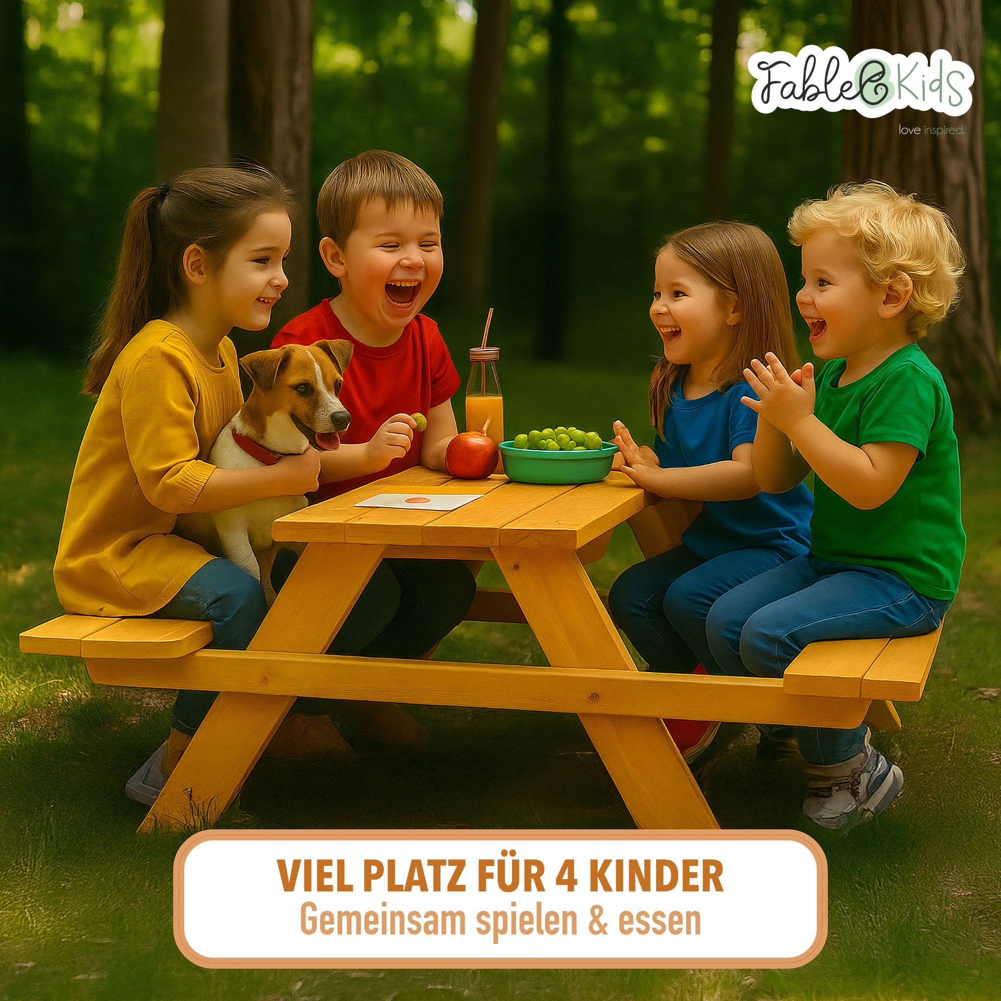 Vier Kinder lachen an einem Picknicktisch mit einem Hund. Es gibt Saft, einen Apfel und eine Schüssel mit Essen. Der Hintergrund sind Bäume.
