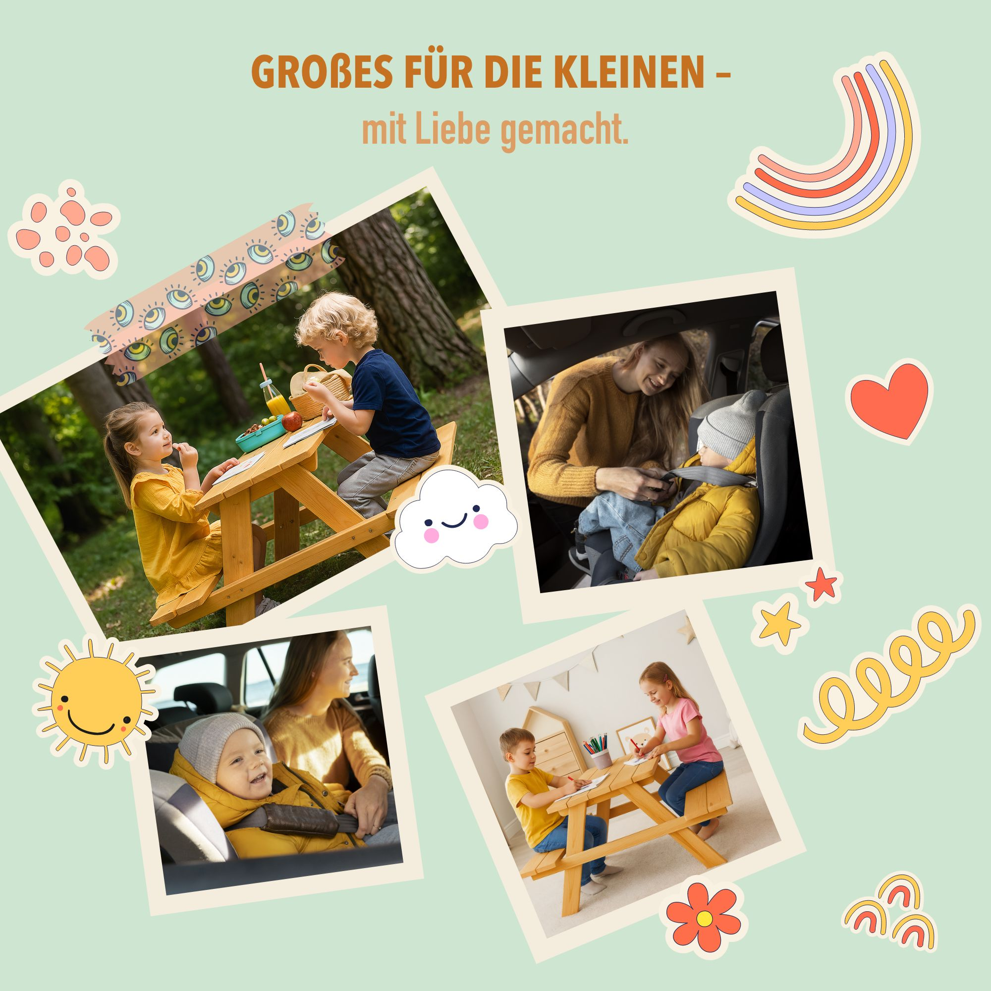 Das Bild zeigt Familienmomente: Kinder essen an einem Tisch, eine Mutter mit Kind im Auto und Kinder zeichnen. Dekorative Elemente umgeben es.