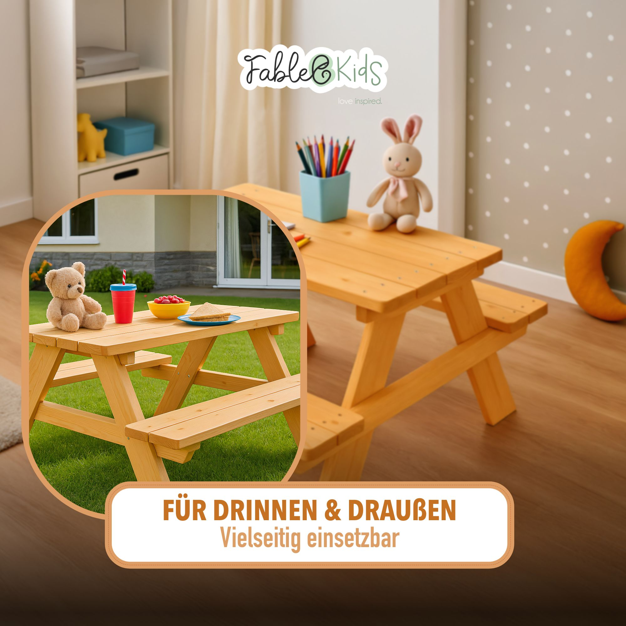 Holz-Picknicktisch für Kinder mit Teddybär, Getränk und Essen. Ein Häschen, Stifte und ein Kissen sind auch sichtbar.