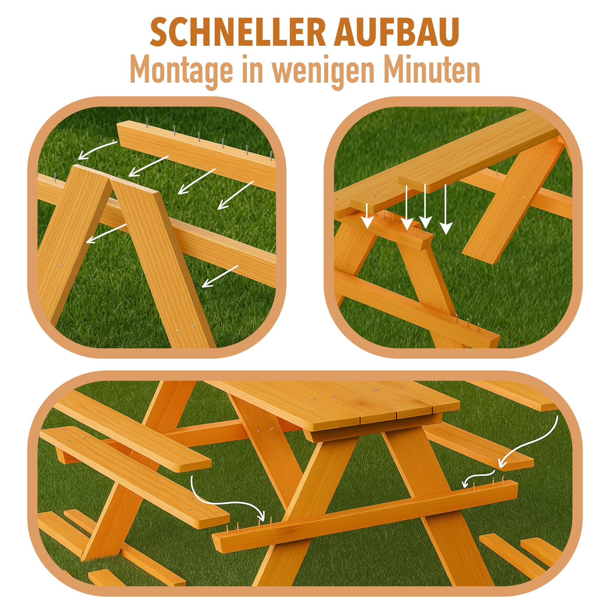 Diagramm zeigt die Montage des Picknicktisches. Holzteile werden mit Nägeln verbunden. Pfeile zeigen die Montageanweisungen auf grünem Gras.