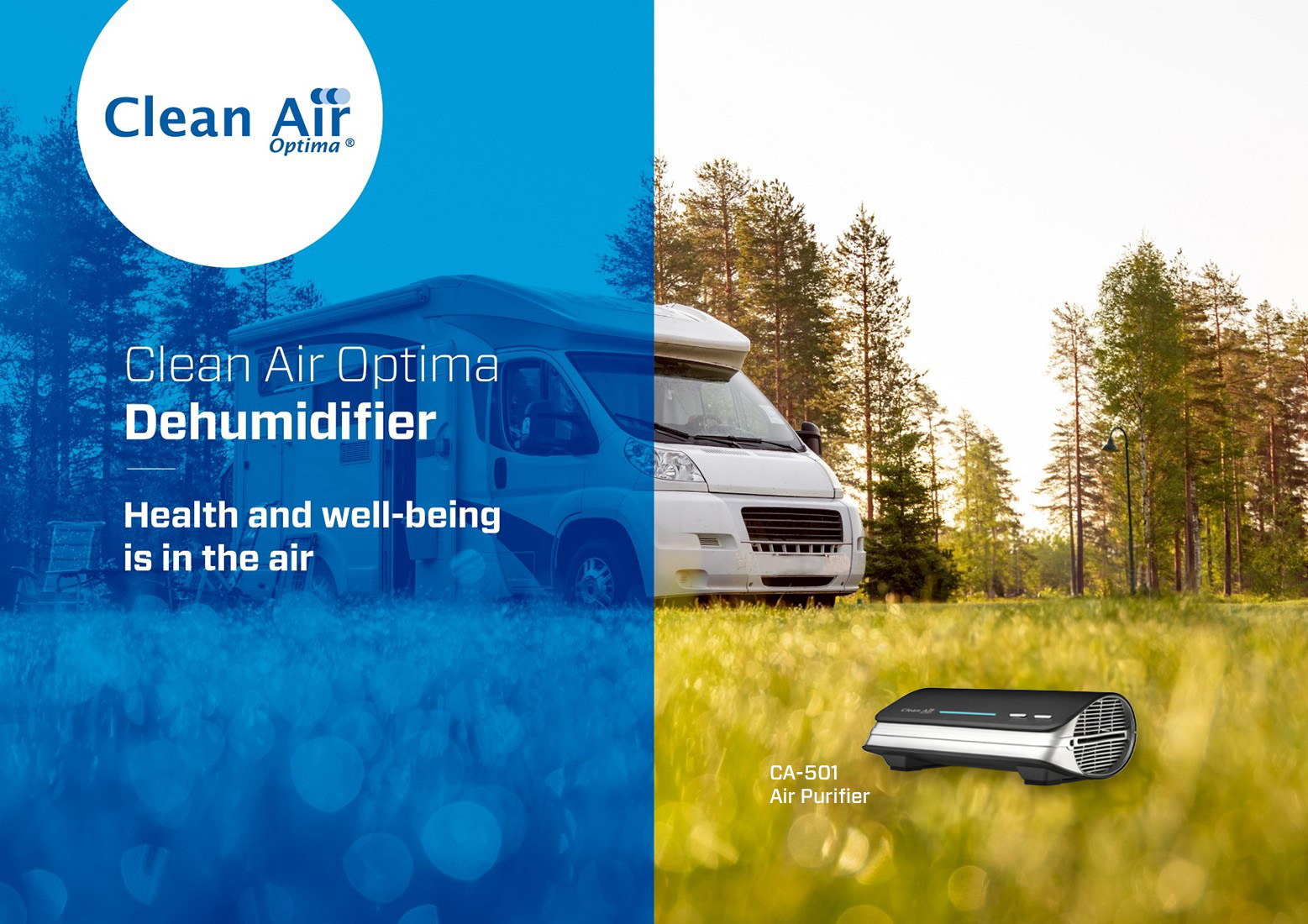 An advertisement for Clean Air Optima, featuring a white campervan in a forest, and an air purifier. The text says 'Health and well-being'.